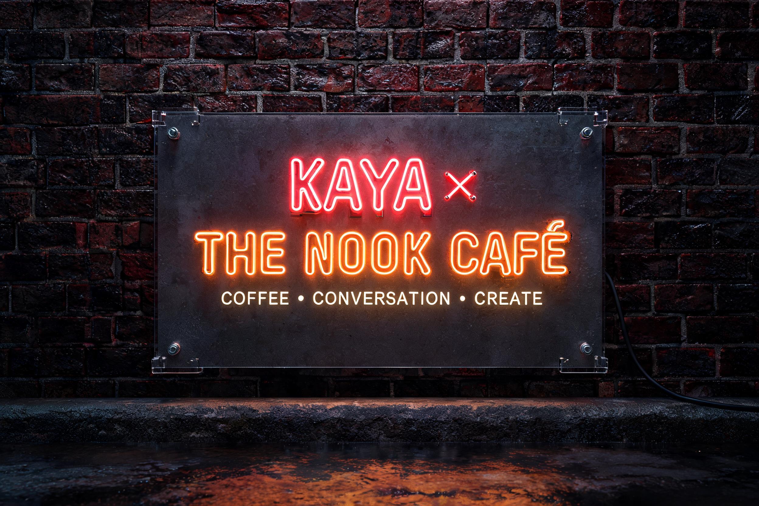 "KAYA ×
THE NOOK CAFÉ
COFFEE · CONVERSATION · CREATE" — Neon Sign | AI Text Effect Generator