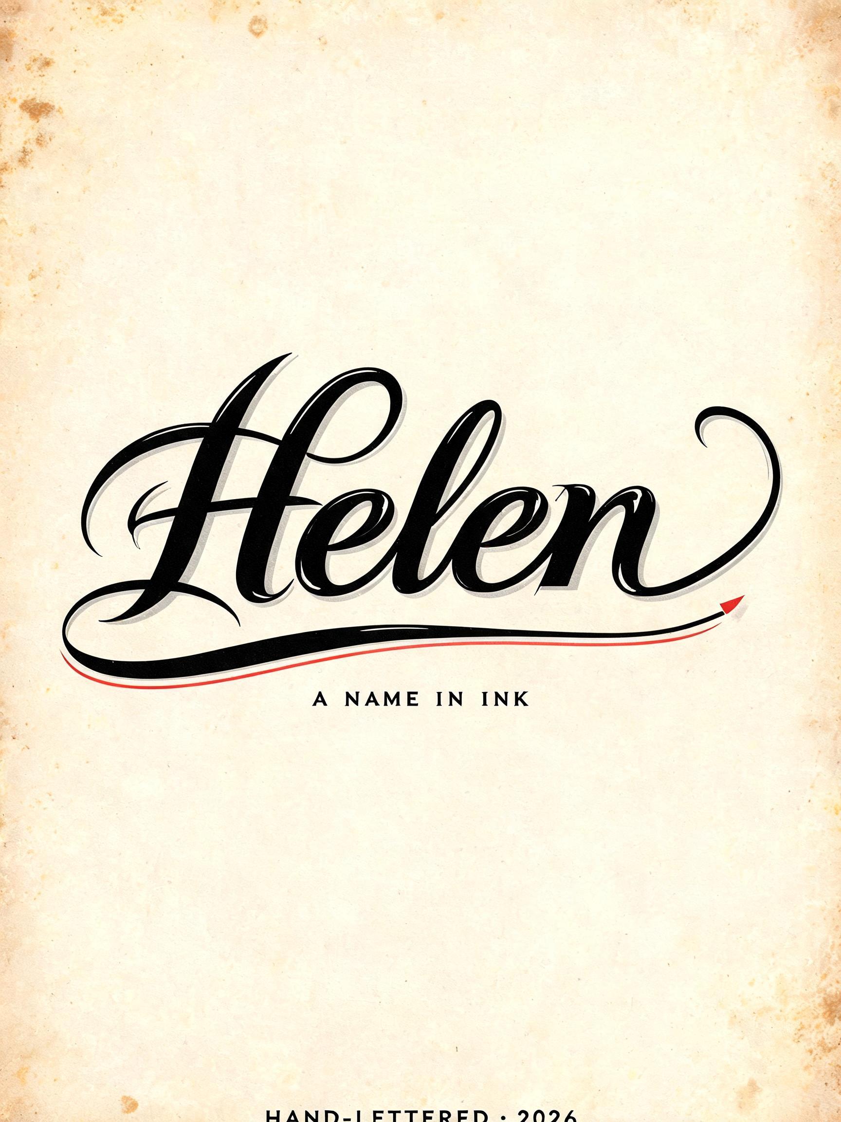 "Helen
A NAME IN INK
HAND-LETTERED · 2026" — Chicano text effect
