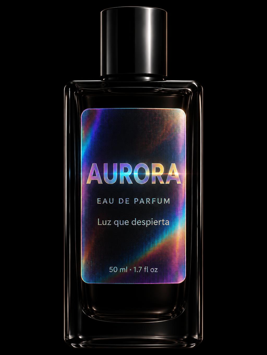 "AURORA
EAU DE PARFUM
Luz que despierta
50 ml · 1.7 fl oz" — Holographic | AI Text Effect Generator