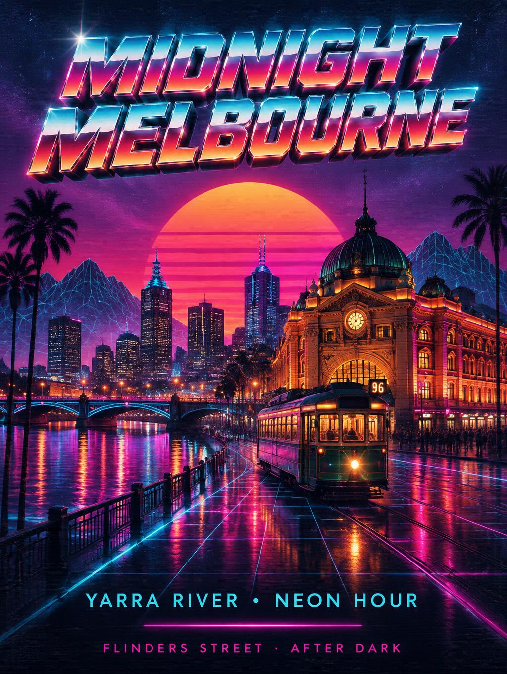 "MIDNIGHT MELBOURNE
YARRA RIVER • NEON HOUR
FLINDERS STREET · AFTER DARK" — Synthwave text effect