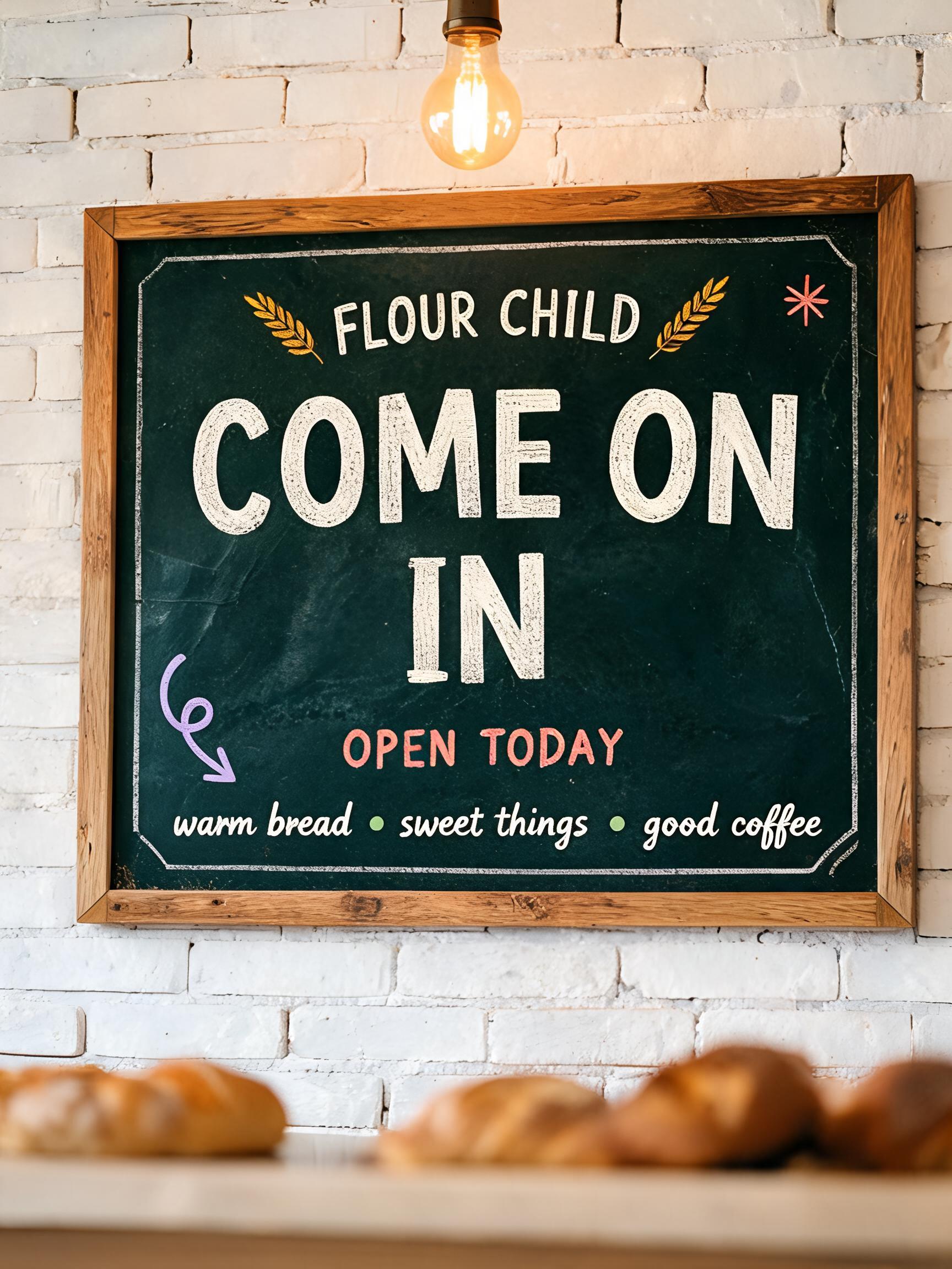 "Make a chalkboard welcome sign that says Come On In for the bakery Flour Child" — Chalk | AI Text Effect Generator
