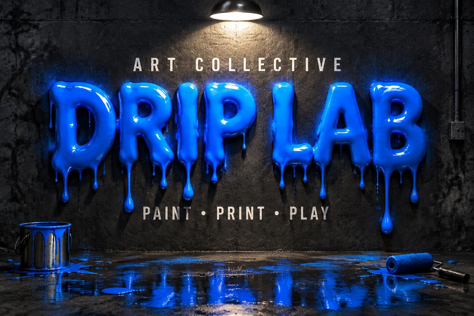 "DRIP LAB
ART COLLECTIVE
PAINT • PRINT • PLAY" — Drip Font | AI Text Effect Generator