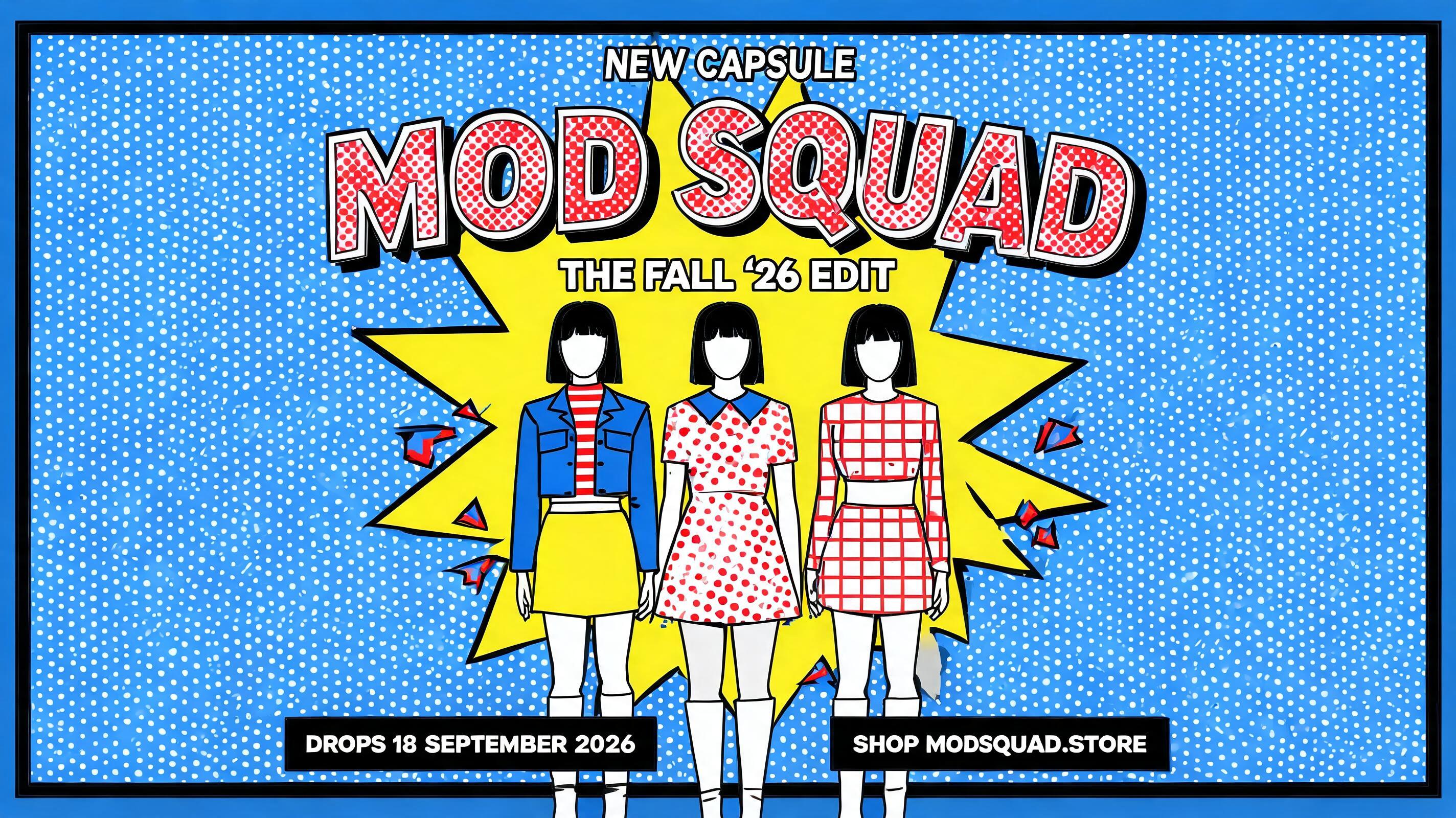 "NEW CAPSULE
MOD SQUAD
THE FALL ’26 EDIT
DROPS 18 SEPTEMBER 2026
SHOP MODSQUAD.STORE" — Pop Art | AI Text Effect Generator