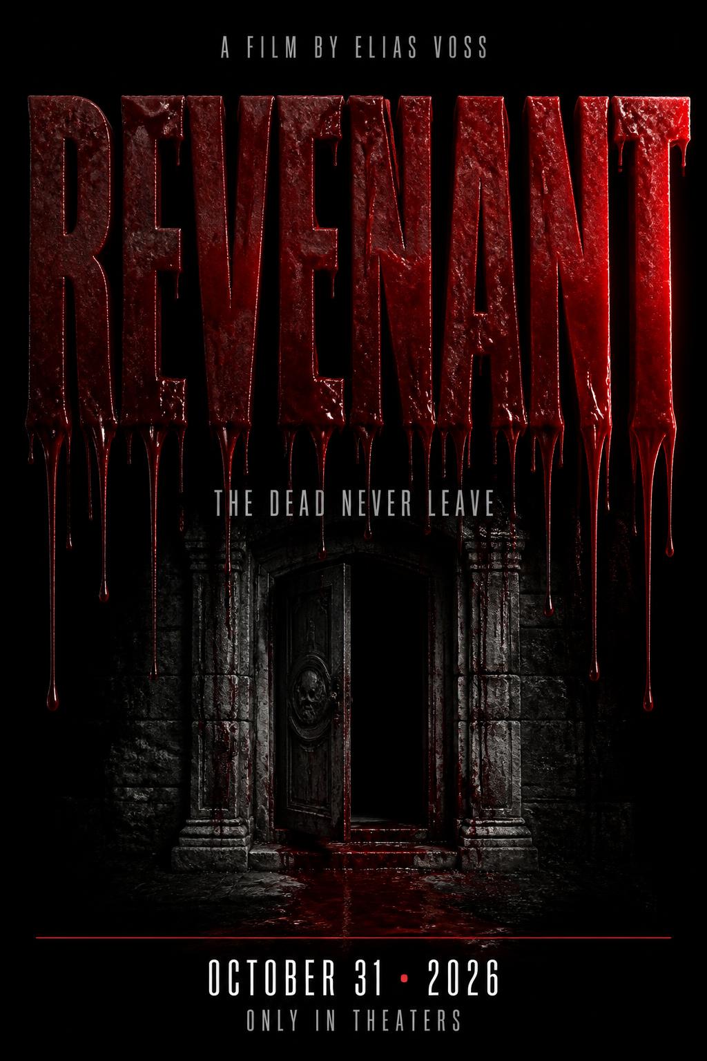 "REVENANT
THE DEAD NEVER LEAVE
A FILM BY ELIAS VOSS
OCTOBER 31 • 2026
ONLY IN THEATERS" — Drip Font Blood | AI Text Effect Generator