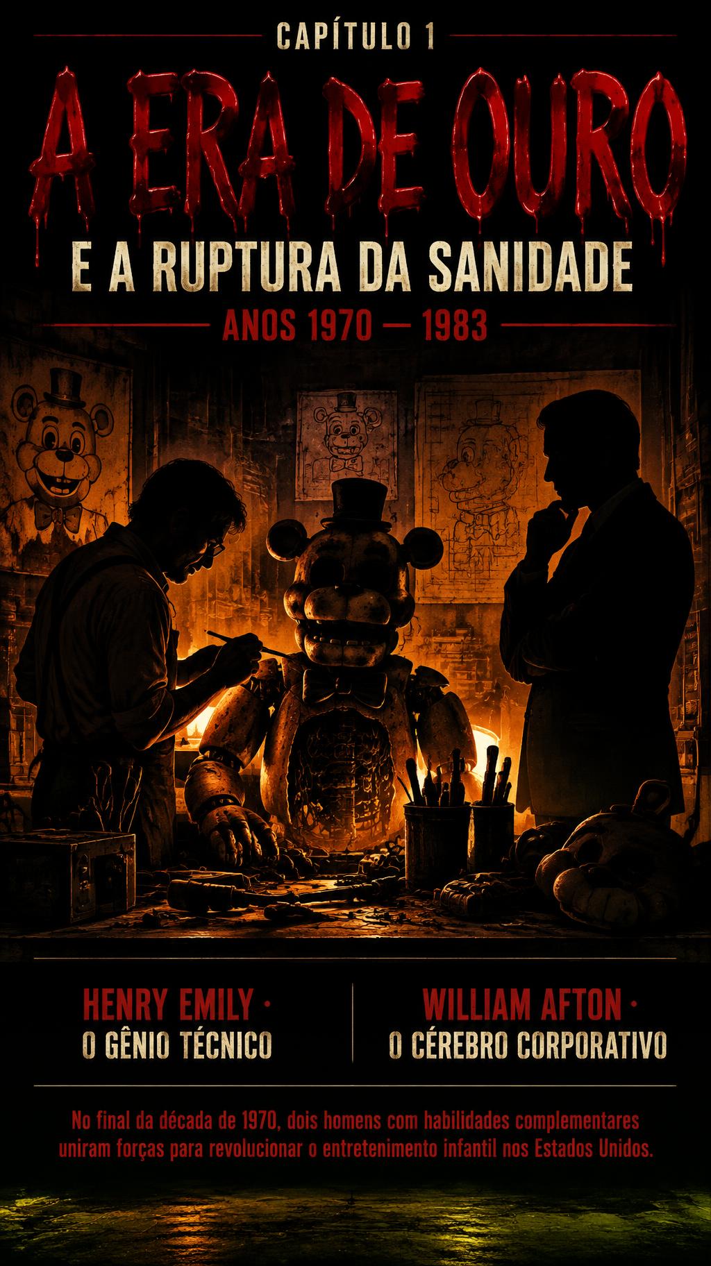 CAPÍTULO 1
A ERA DE OURO
E A RUPTURA DA SANIDADE
ANOS 1970 — 1983
HENRY EMILY · O GÊNIO TÉCNICO
WILLIAM AFTON · O CÉREBRO CORPORATIVO
No final da década de 1970, dois homens com habilidades complementares uniram forças para revolucionar o entretenimento infantil nos Estados Unidos.