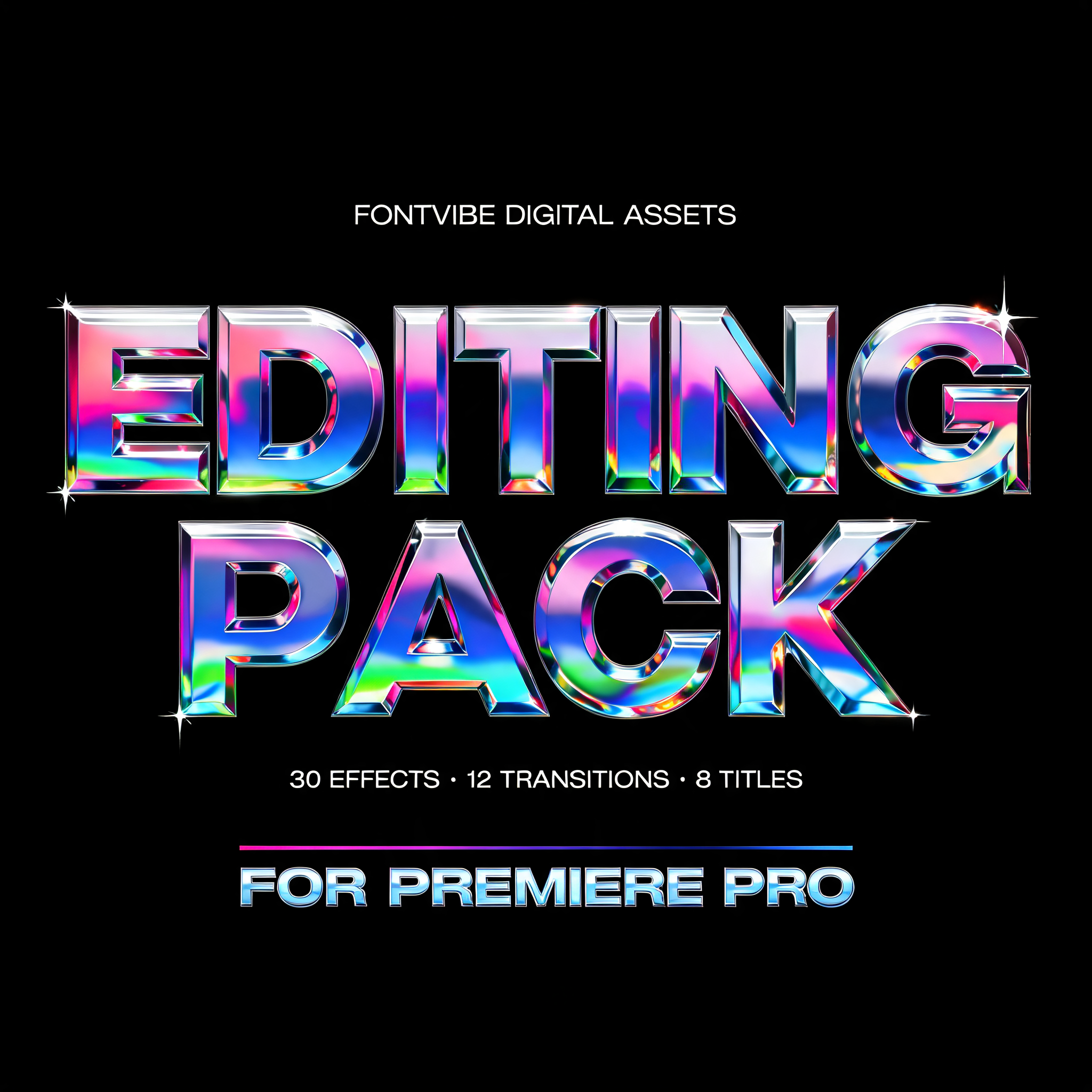"FONTVIBE DIGITAL ASSETS
EDITING
PACK
30 EFFECTS · 12 TRANSITIONS · 8 TITLES
FOR PREMIERE PRO" — Y2k Chrome | AI Text Effect Generator