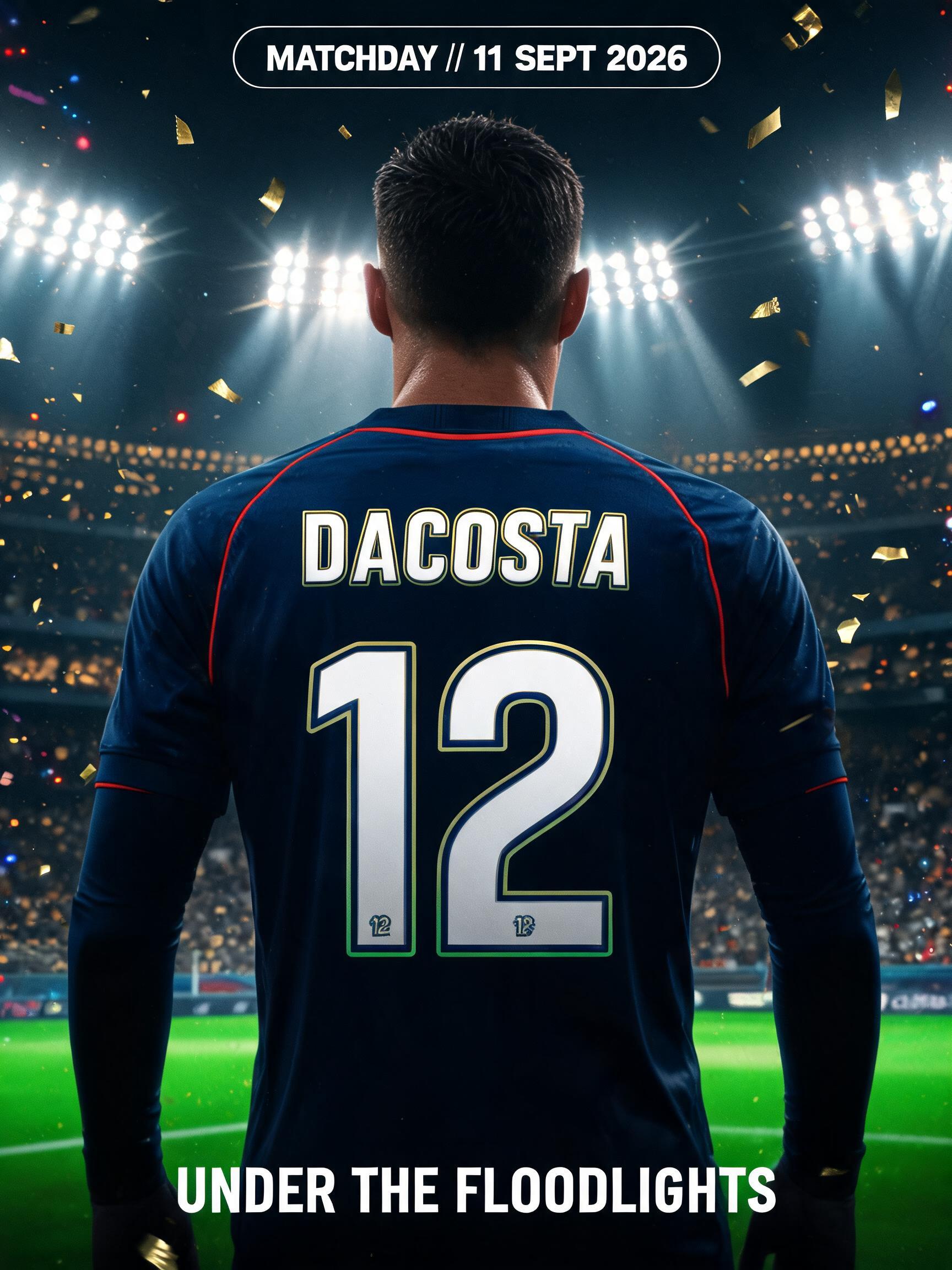 "DACOSTA
12
MATCHDAY // 11 SEPT 2026
UNDER THE FLOODLIGHTS" — Sports Football | AI Text Effect Generator