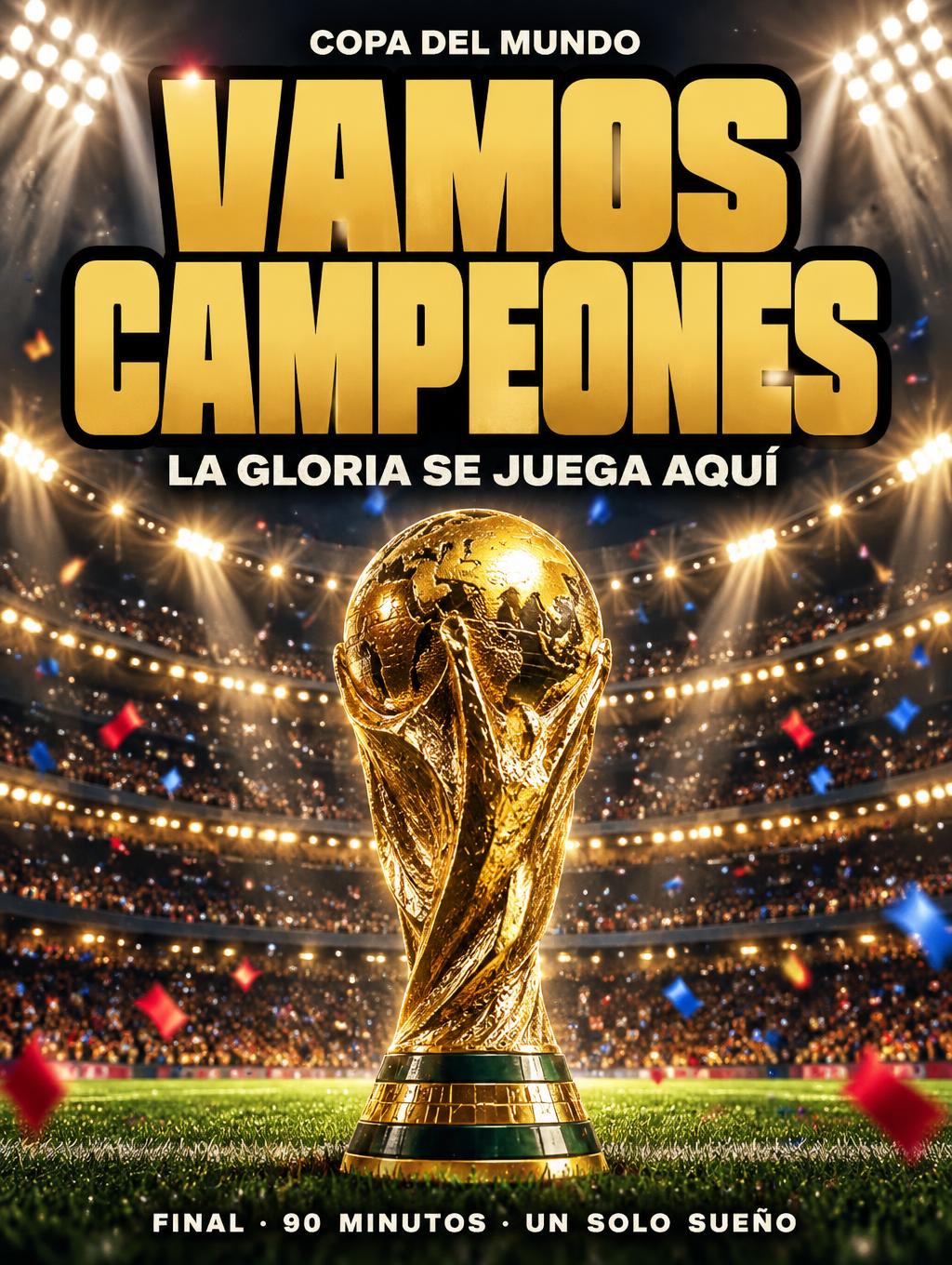 "VAMOS
CAMPEONES
COPA DEL MUNDO
LA GLORIA SE JUEGA AQUÍ
FINAL · 90 MINUTOS · UN SOLO SUEÑO" — Sports Football | AI Text Effect Generator