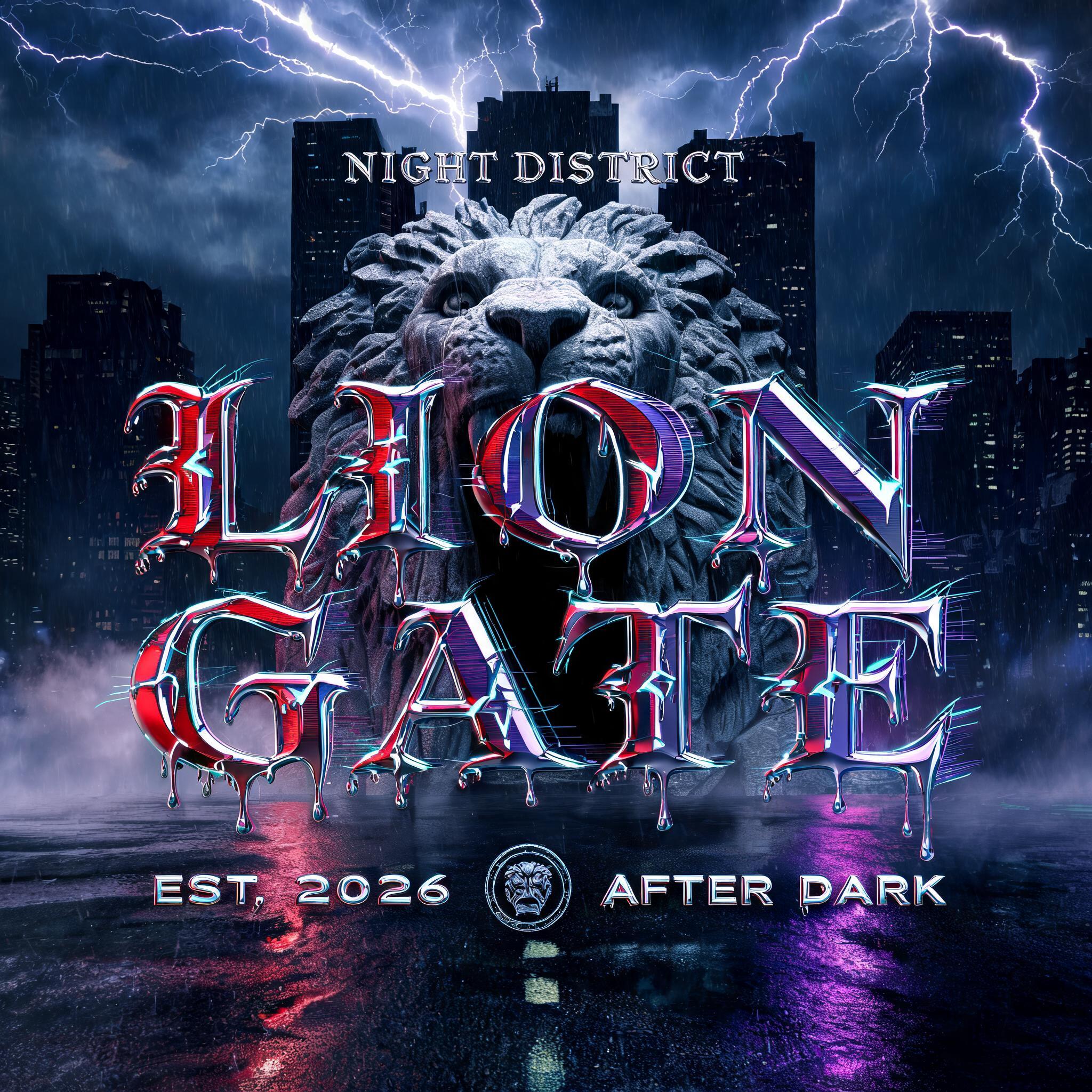 "LION GATE
NIGHT DISTRICT
EST. 2026  ·  AFTER DARK" — cyberpunk text effect
