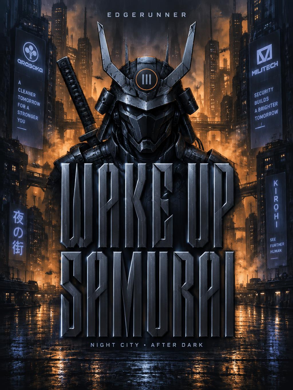 "WAKE UP SAMURAI
EDGERUNNER
NIGHT CITY • AFTER DARK" — Cyberpunk 2077 | AI Text Effect Generator