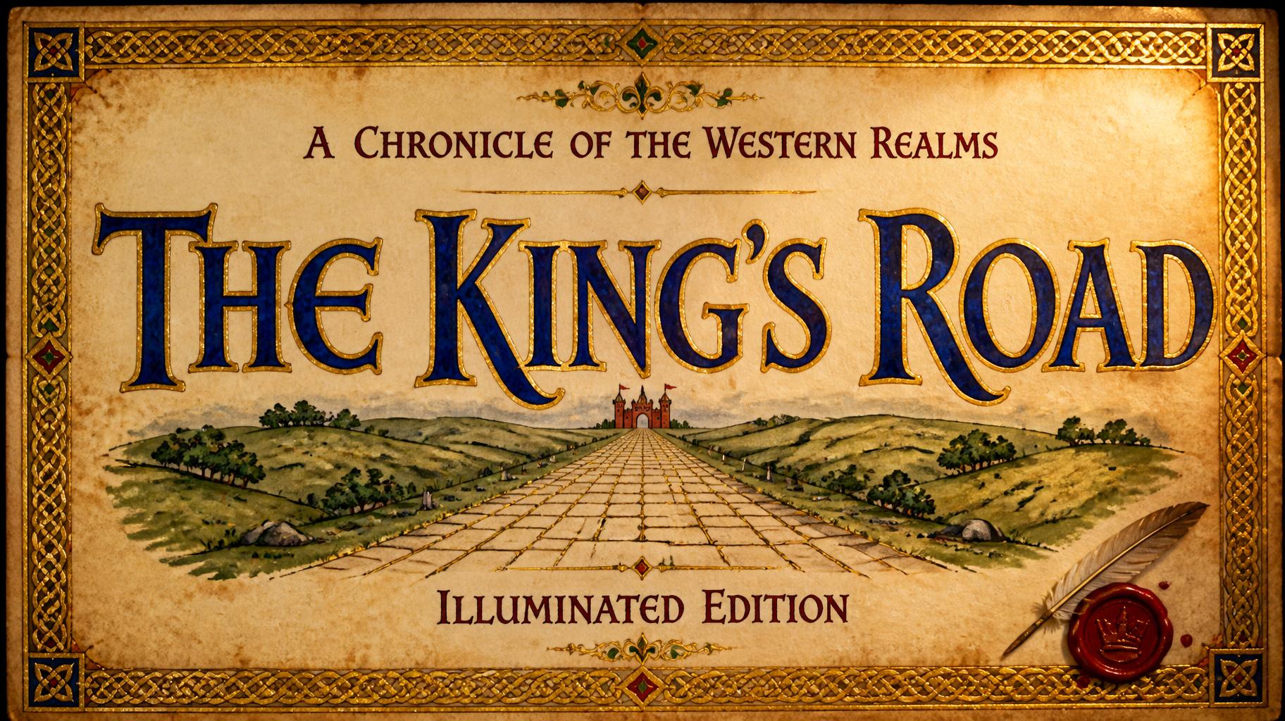 "THE KING’S ROAD
A CHRONICLE OF THE WESTERN REALMS
ILLUMINATED EDITION" — medieval text effect