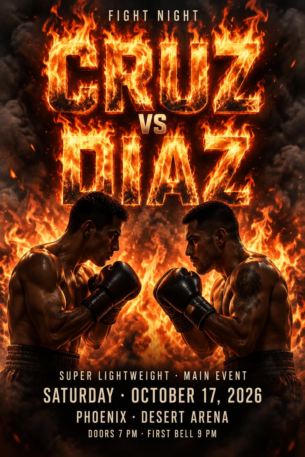 "FIGHT NIGHT
CRUZ
VS
DIAZ
SUPER LIGHTWEIGHT · MAIN EVENT
SATURDAY · OCTOBER 17, 2026
PHOENIX · DESERT ARENA
DOORS 7 PM · FIRST BELL 9 PM" — Fire Smoke | AI Text Effect Generator