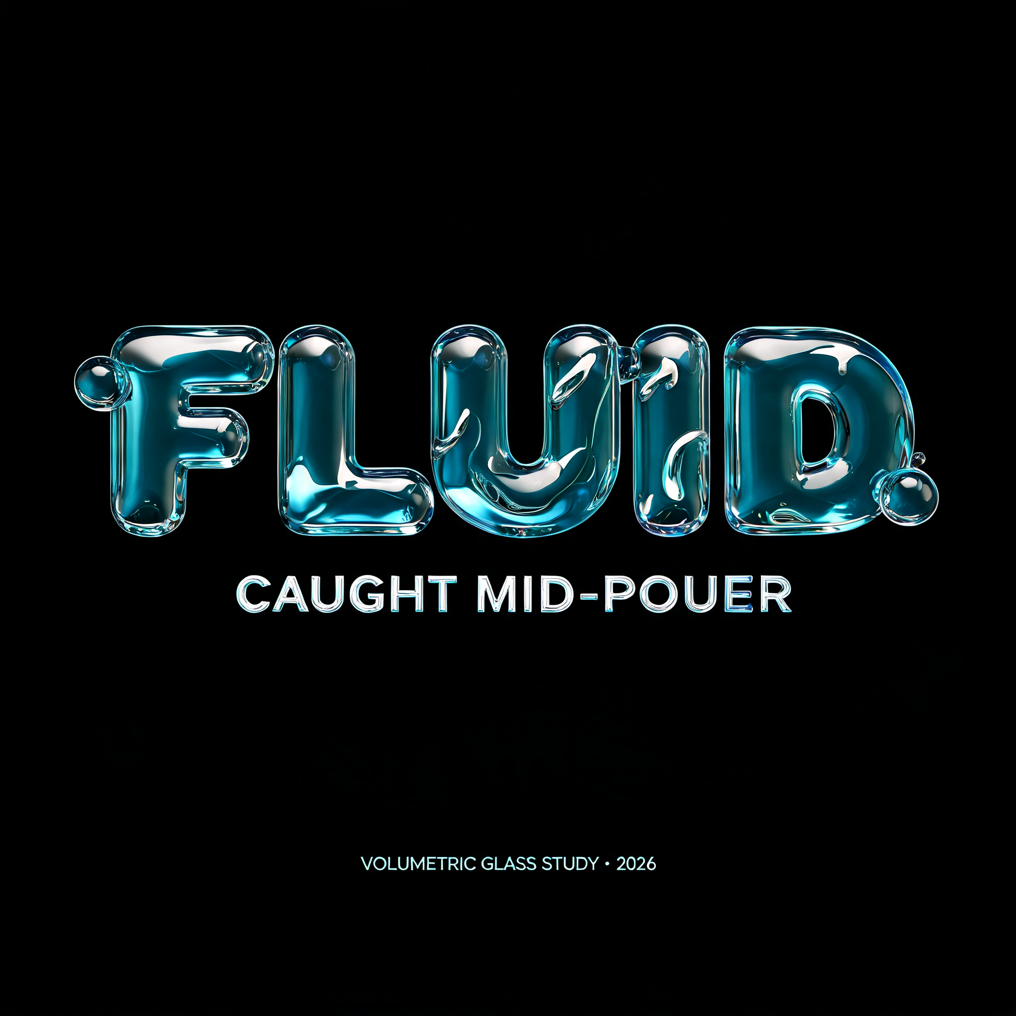 "FLUID
CAUGHT MID-POUR
VOLUMETRIC GLASS STUDY · 2026" — Glass Liquid | AI Text Effect Generator