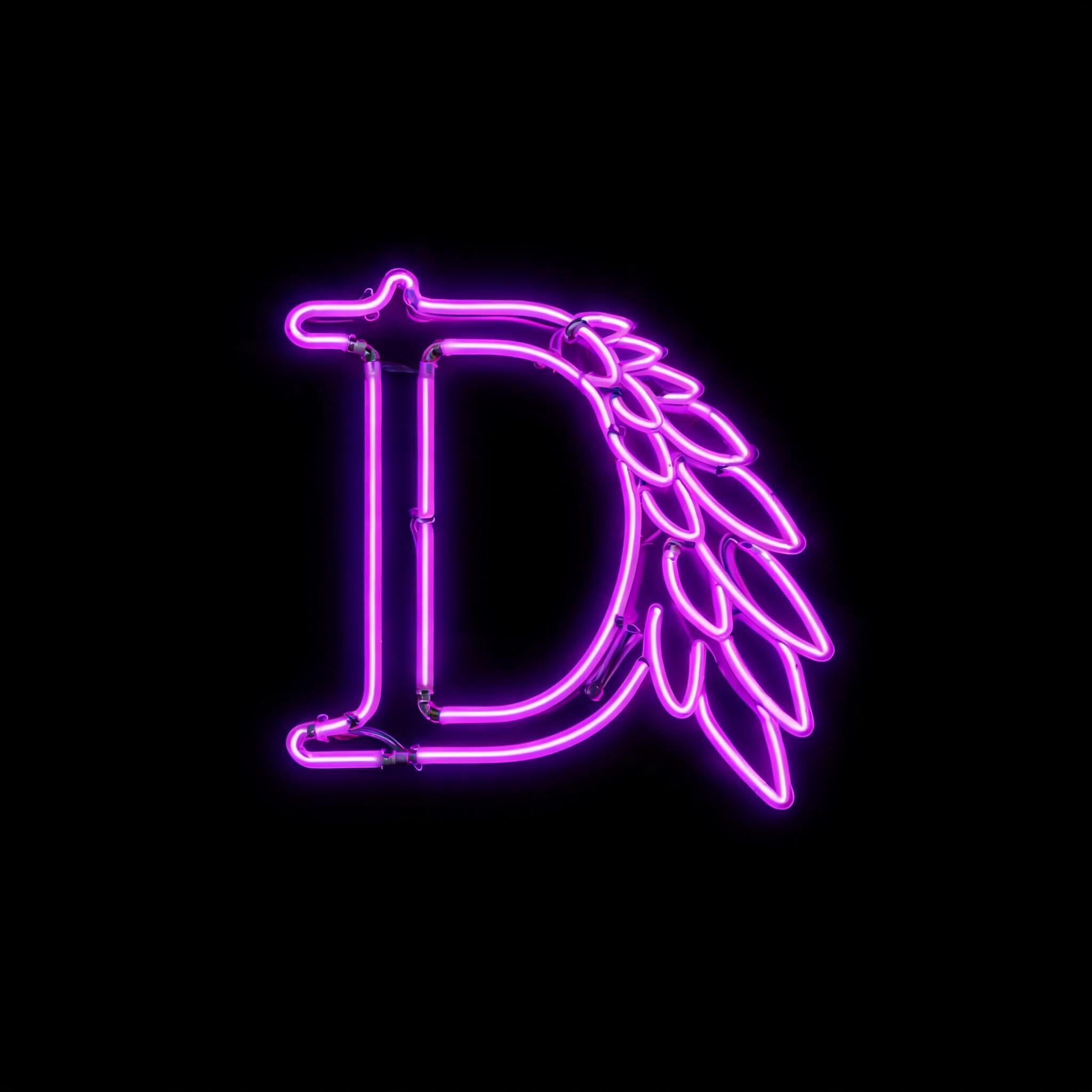 "A glowing neon letter D styled as a sharp cyber feather wing, vibrant dark purple and electric violet light, sleek gaming avatar design, futuristic cyberpunk aesthetic, high-contrast intense bloom effect, completely solid pitch-black background, high" — Neon Sign text effect