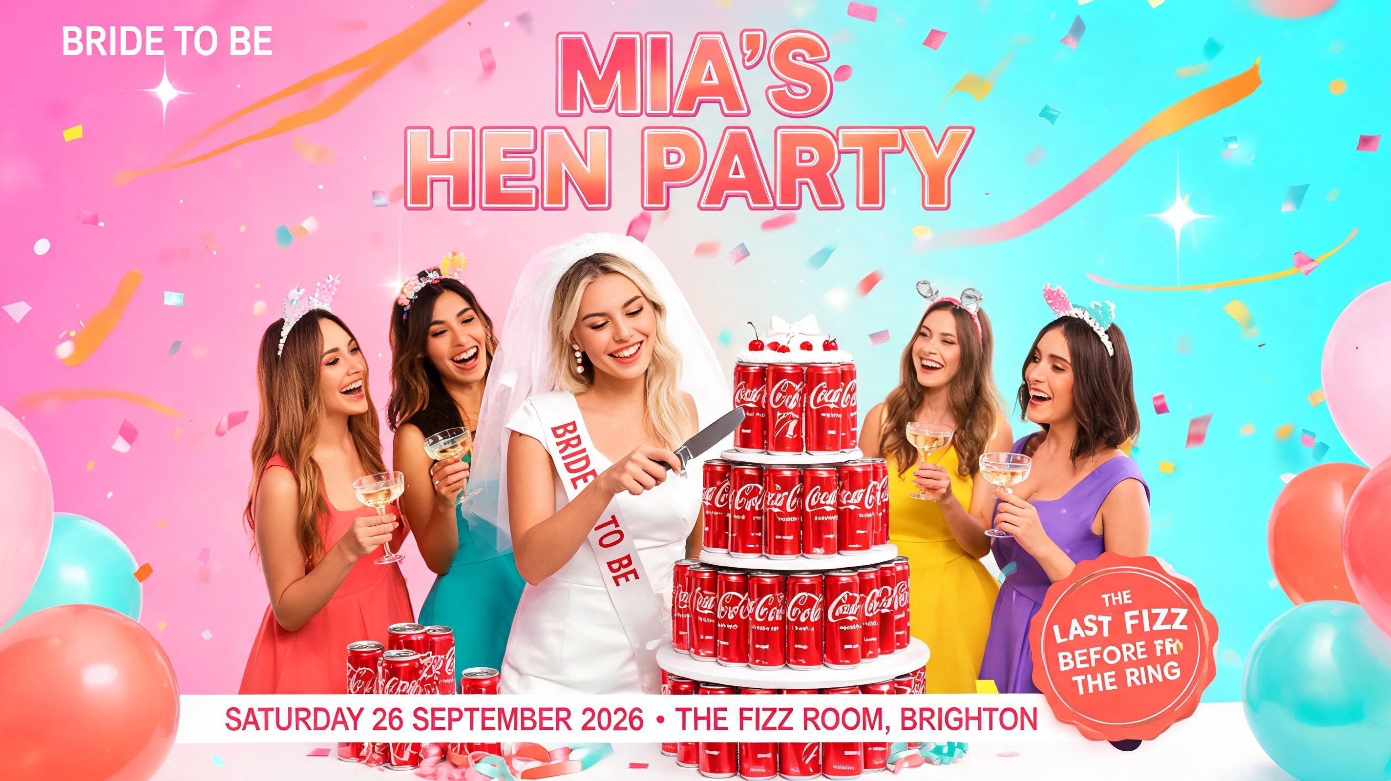 "MIA'S
HEN PARTY
BRIDE TO BE
SATURDAY 26 SEPTEMBER 2026 · THE FIZZ ROOM, BRIGHTON
THE LAST FIZZ BEFORE THE RING" — Birthday text effect