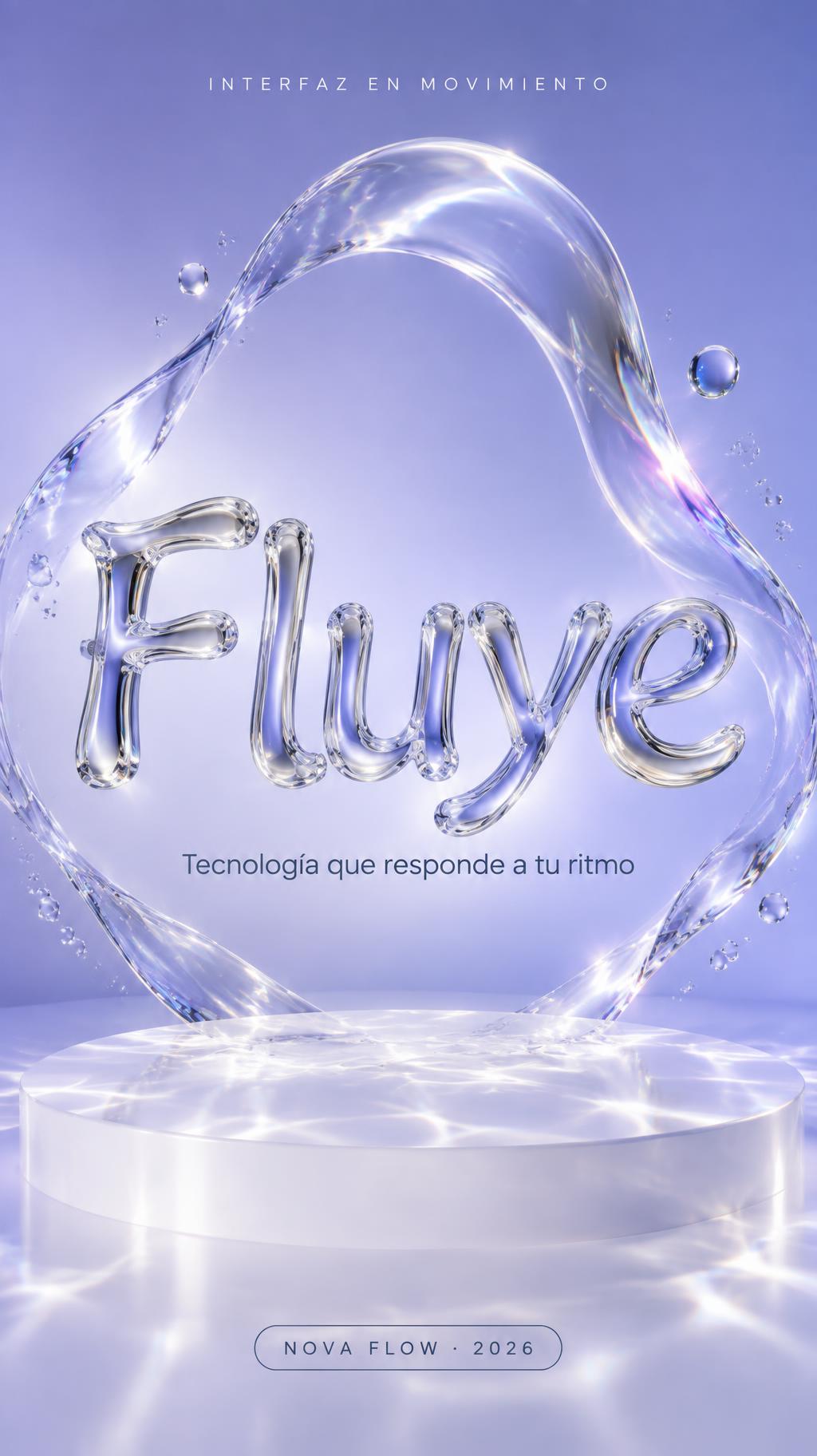 "Fluye
INTERFAZ EN MOVIMIENTO
Tecnología que responde a tu ritmo
NOVA FLOW · 2026" — Glass | AI Text Effect Generator