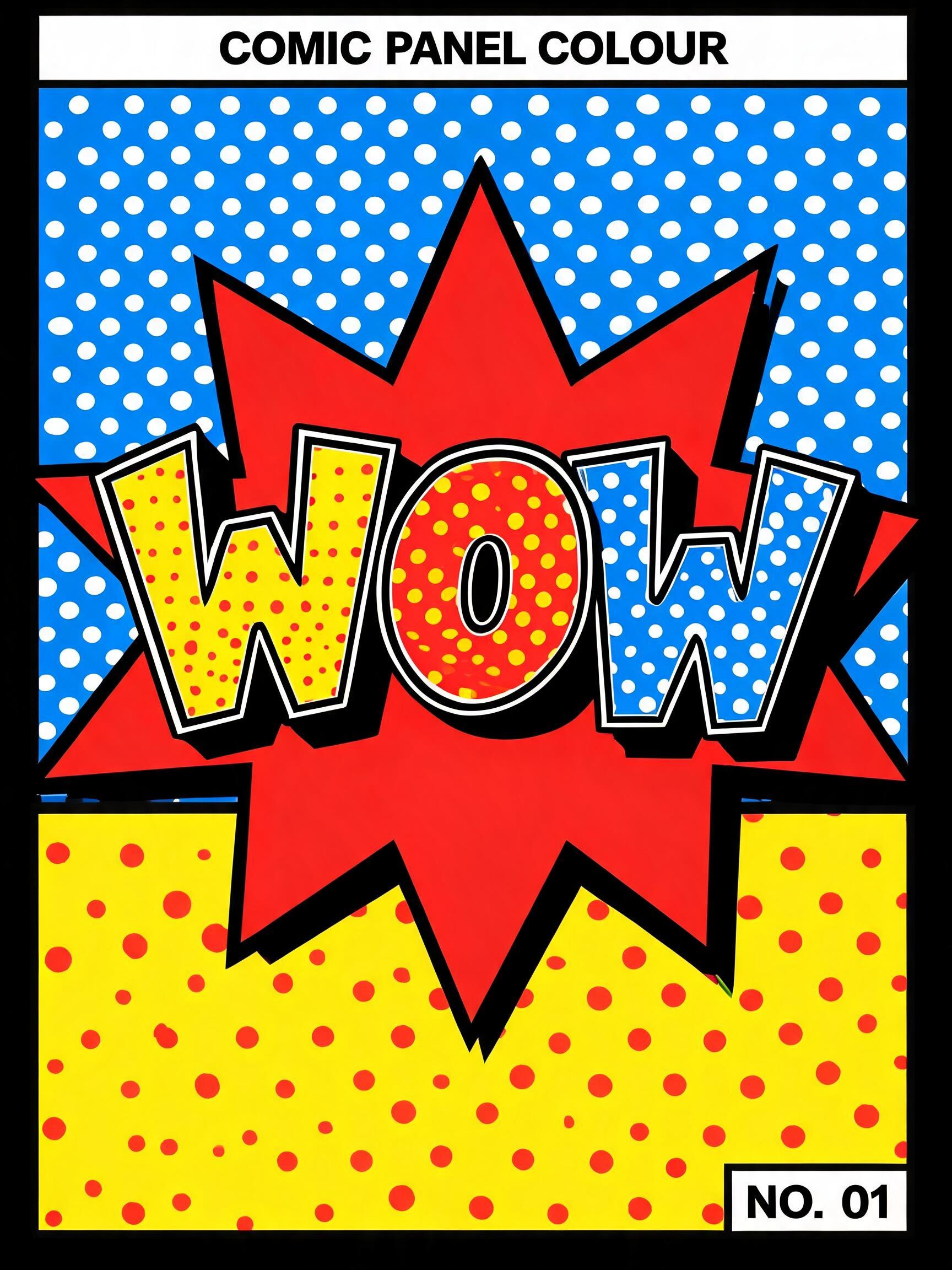 "WOW
COMIC PANEL COLOUR
NO. 01" — Pop Art | AI Text Effect Generator