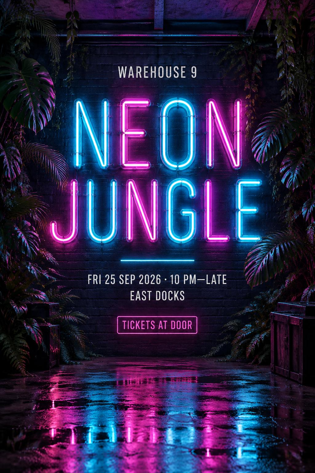 "NEON JUNGLE
WAREHOUSE 9
FRI 25 SEP 2026 · 10 PM—LATE
EAST DOCKS
TICKETS AT DOOR" — Neon Glow | AI Text Effect Generator