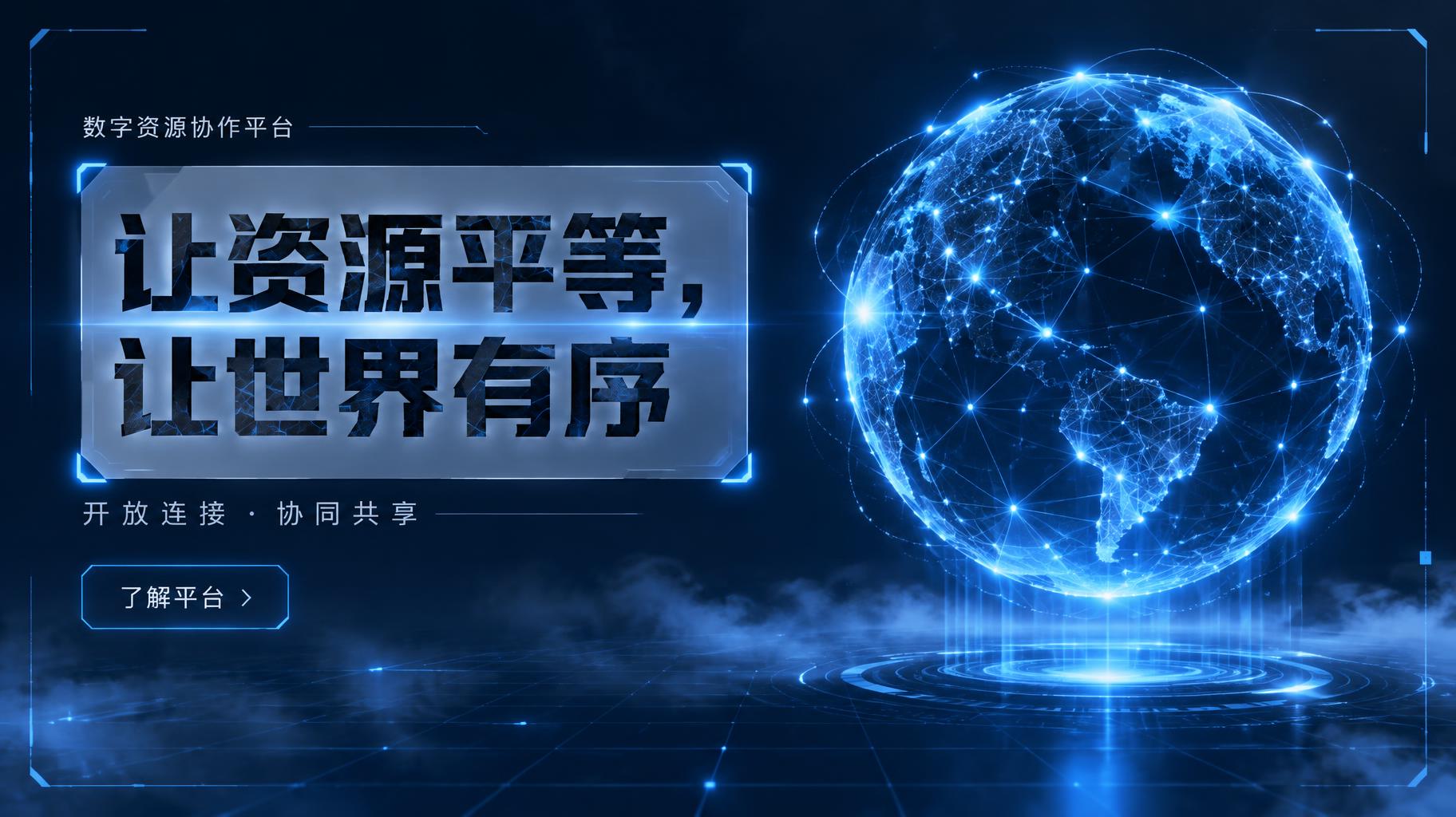 "数字资源协作平台
让资源平等，让世界有序
开放连接 · 协同共享
了解平台" — Futuristic text effect