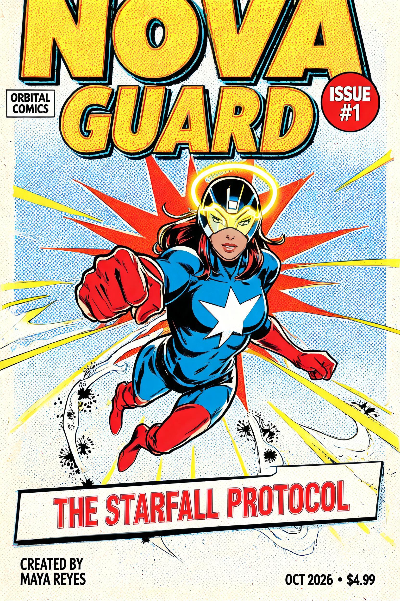 "NOVA
GUARD
ORBITAL COMICS
ISSUE #1
THE STARFALL PROTOCOL
CREATED BY MAYA REYES
OCT 2026  •  $4.99" — Comic Book | AI Text Effect Generator