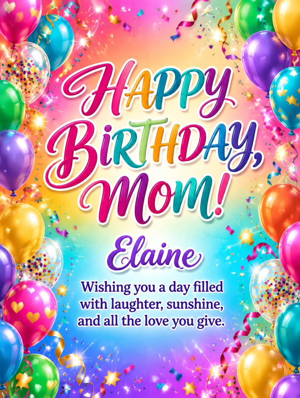 "HAPPY BIRTHDAY, MOM!
Elaine
Wishing you a day filled with laughter, sunshine, and all the love you give." — Birthday | AI Text Effect Generator