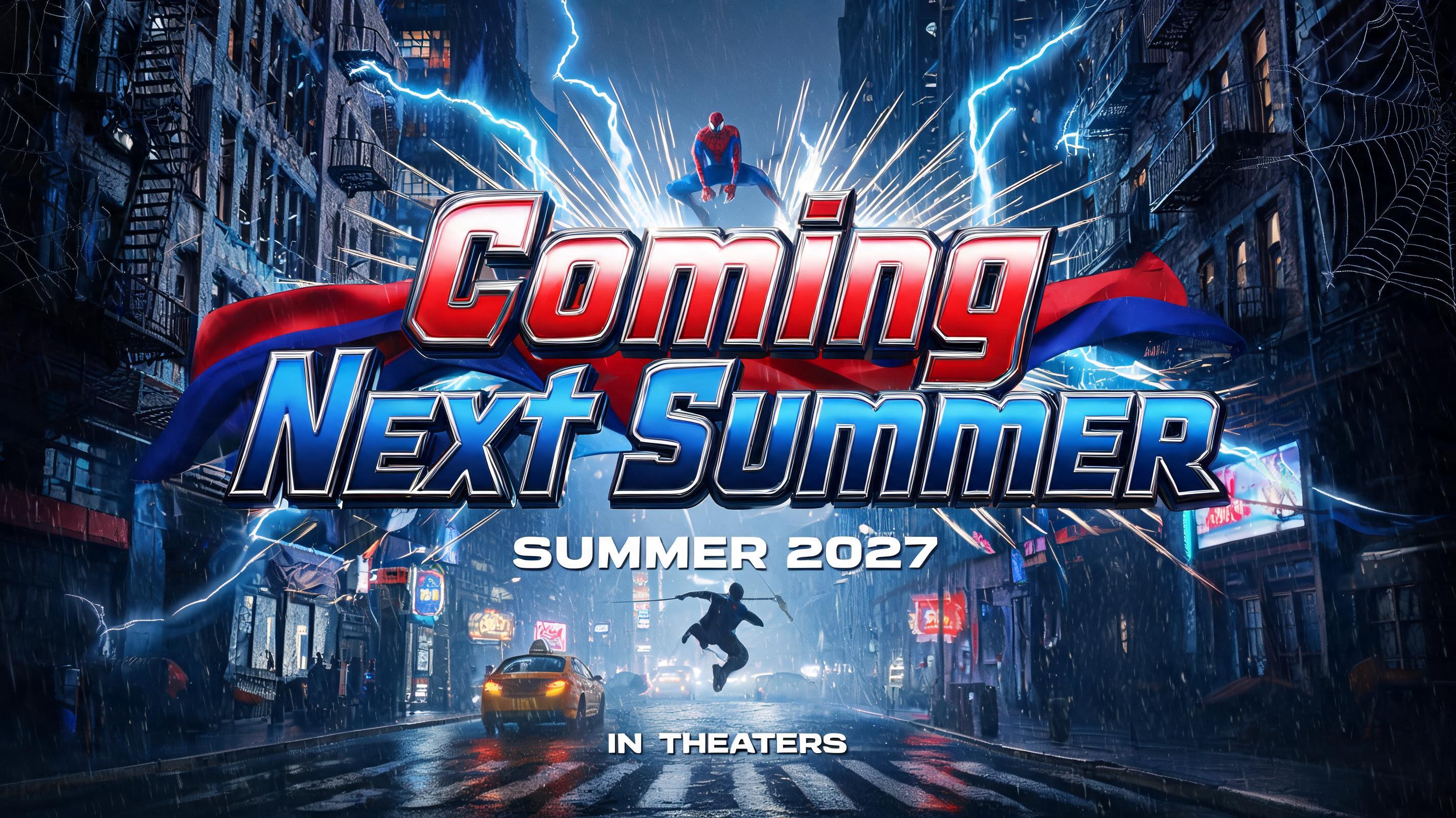 "Coming Next Summer
SUMMER 2027
IN THEATERS" — Spider Hero | AI Text Effect Generator