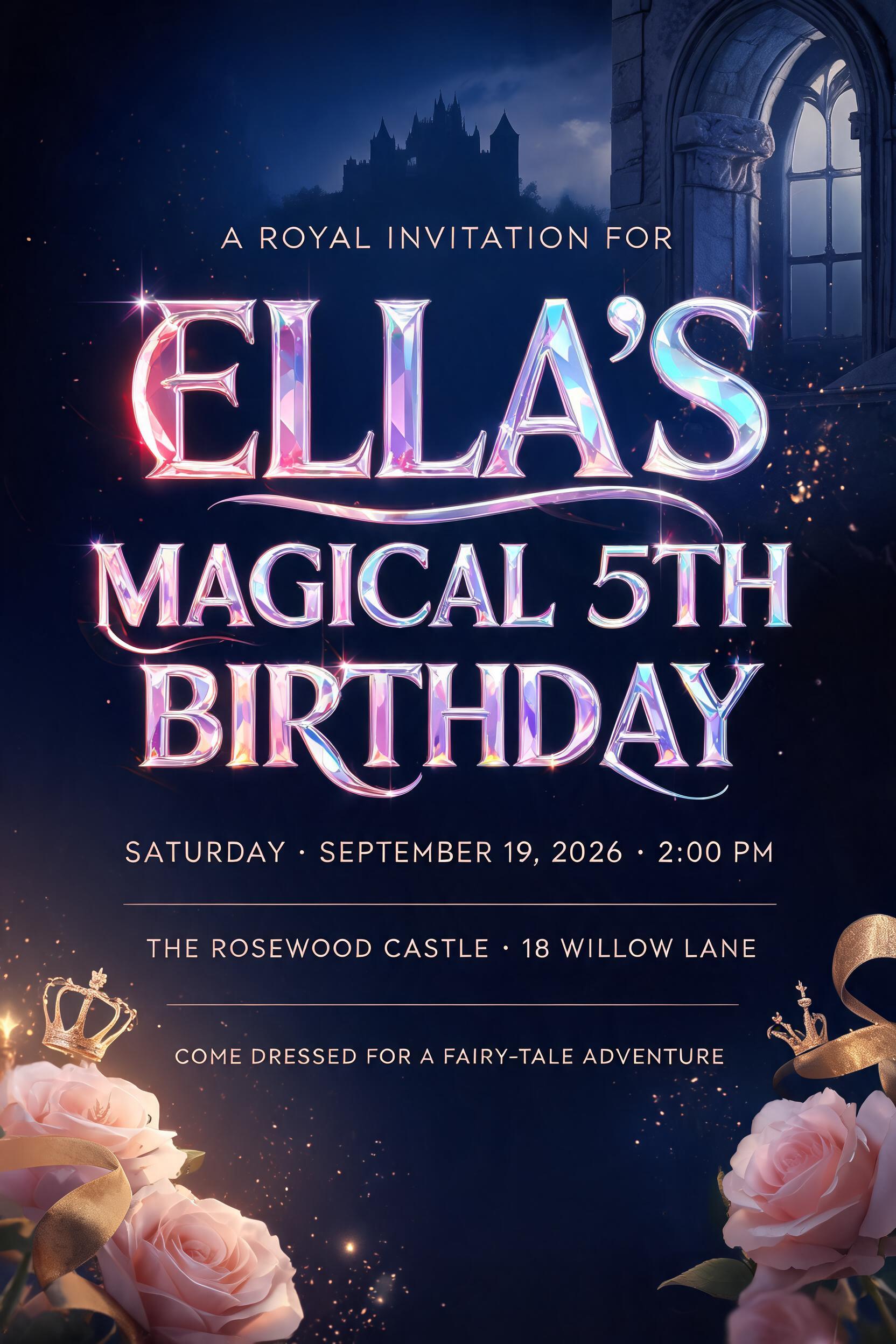 A ROYAL INVITATION FOR
ELLA’S
MAGICAL 5TH BIRTHDAY
SATURDAY · SEPTEMBER 19, 2026 · 2:00 PM
THE ROSEWOOD CASTLE · 18 WILLOW LANE
COME DRESSED FOR A FAIRY-TALE ADVENTURE