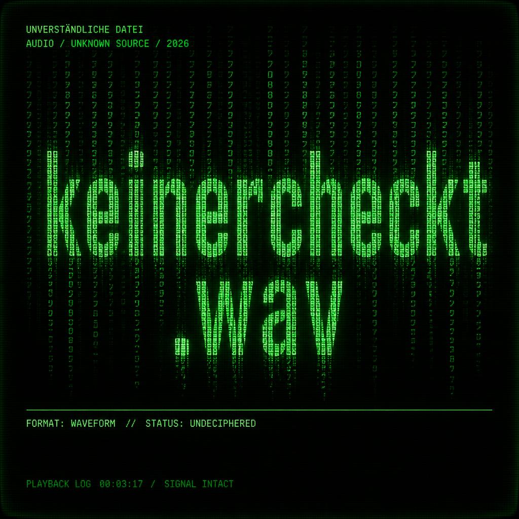 "keinercheckt
.wav
UNVERSTÄNDLICHE DATEI
AUDIO / UNKNOWN SOURCE / 2026
FORMAT: WAVEFORM  //  STATUS: UNDECIPHERED
PLAYBACK LOG  00:03:17  /  SIGNAL INTACT" — Cyberpunk Data Stream text effect
