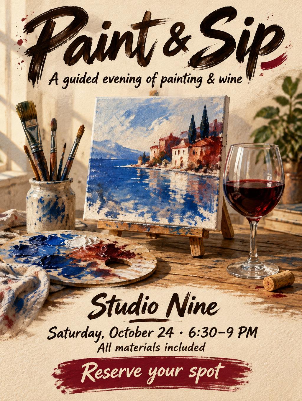 "Paint & Sip
A guided evening of painting & wine
Studio Nine
Saturday, October 24 · 6:30–9 PM
All materials included
Reserve your spot" — Brush Stroke | AI Text Effect Generator