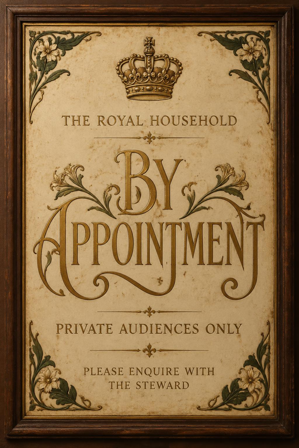 "BY APPOINTMENT
THE ROYAL HOUSEHOLD
PRIVATE AUDIENCES ONLY
PLEASE ENQUIRE WITH THE STEWARD" — Vintage | AI Text Effect Generator
