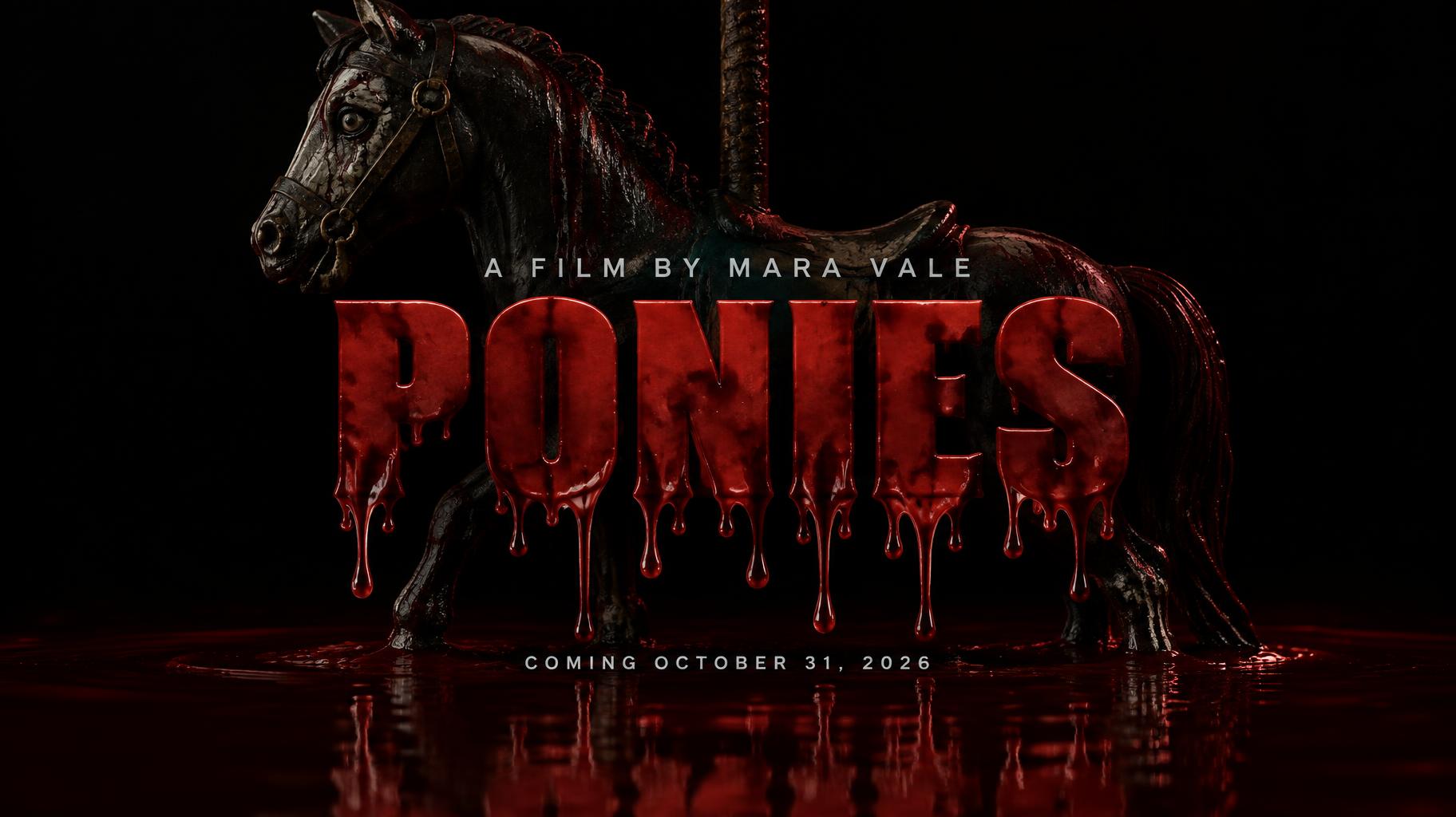 "PONIES
A FILM BY MARA VALE
COMING OCTOBER 31, 2026" — Drip Font Blood | AI Text Effect Generator