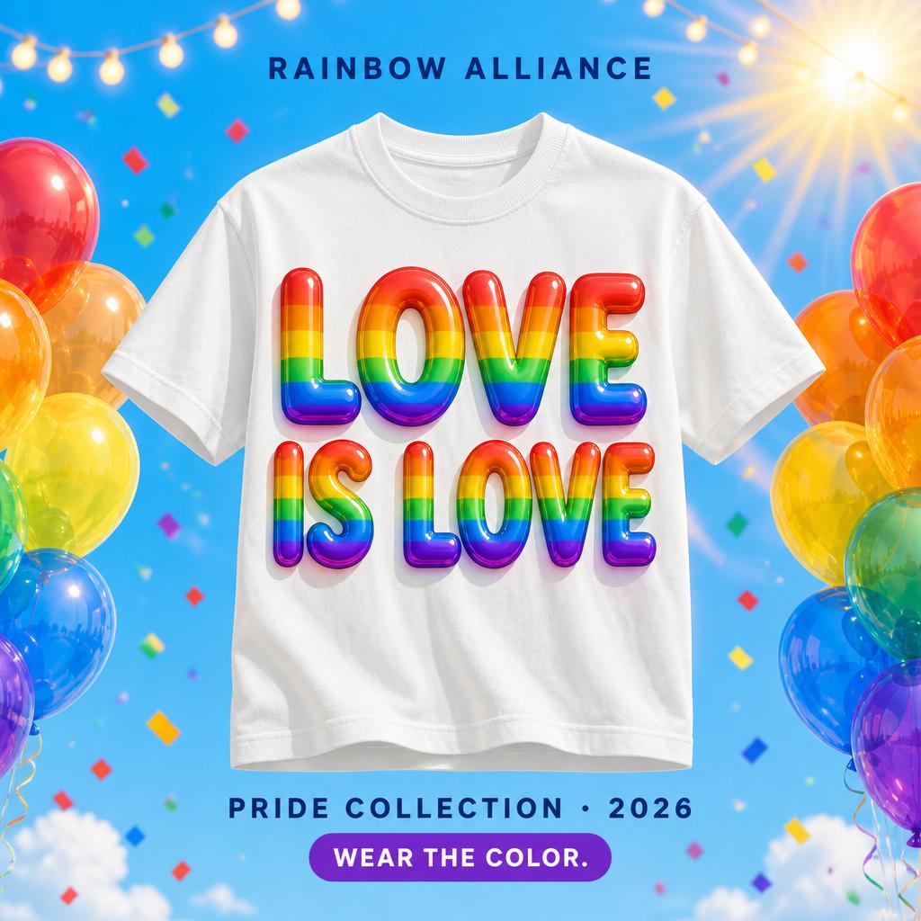 "LOVE IS LOVE
RAINBOW ALLIANCE
PRIDE COLLECTION · 2026
WEAR THE COLOR." — Rainbow | AI Text Effect Generator