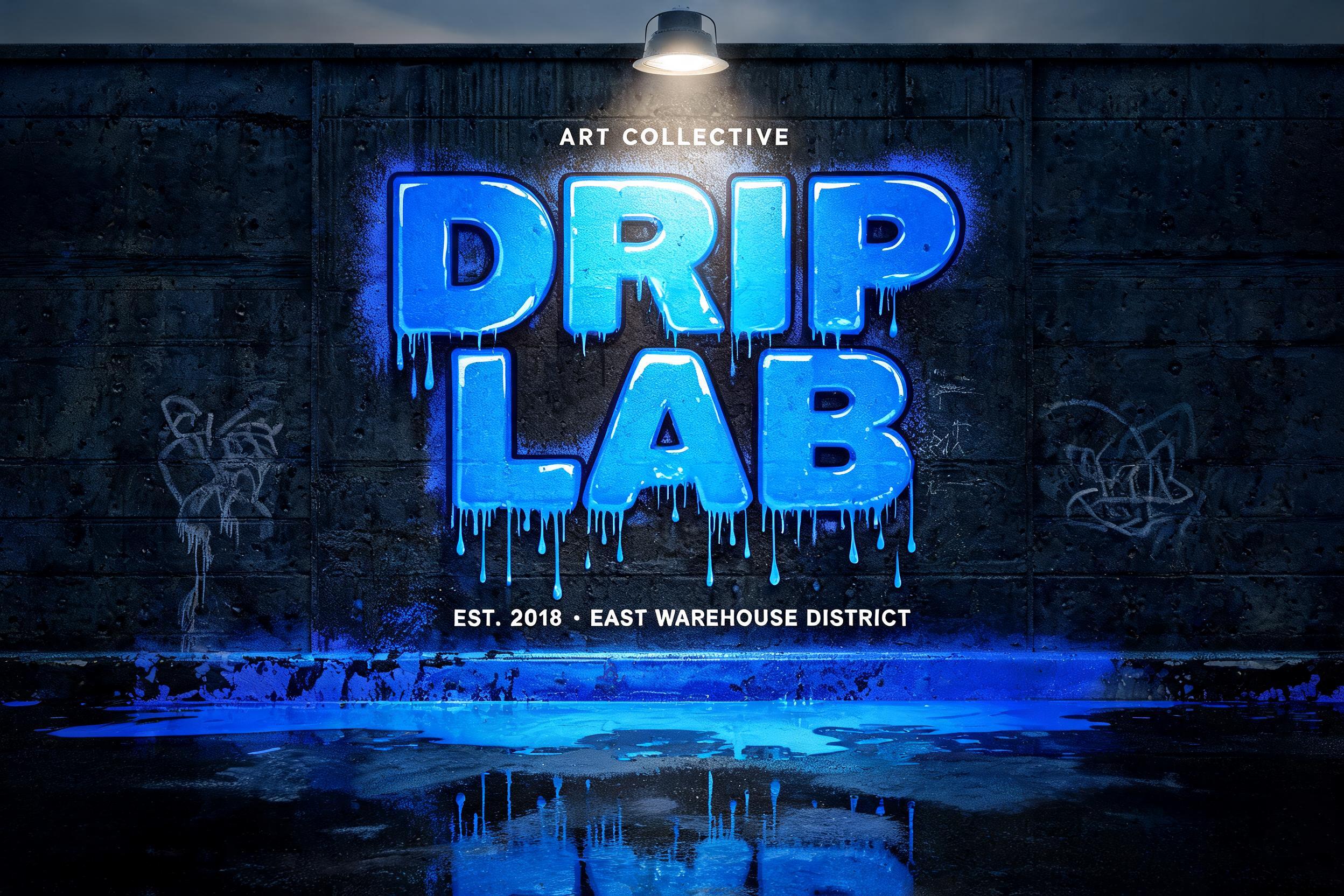 "DRIP
LAB
ART COLLECTIVE
EST. 2018 · EAST WAREHOUSE DISTRICT" — Drip Font | AI Text Effect Generator
