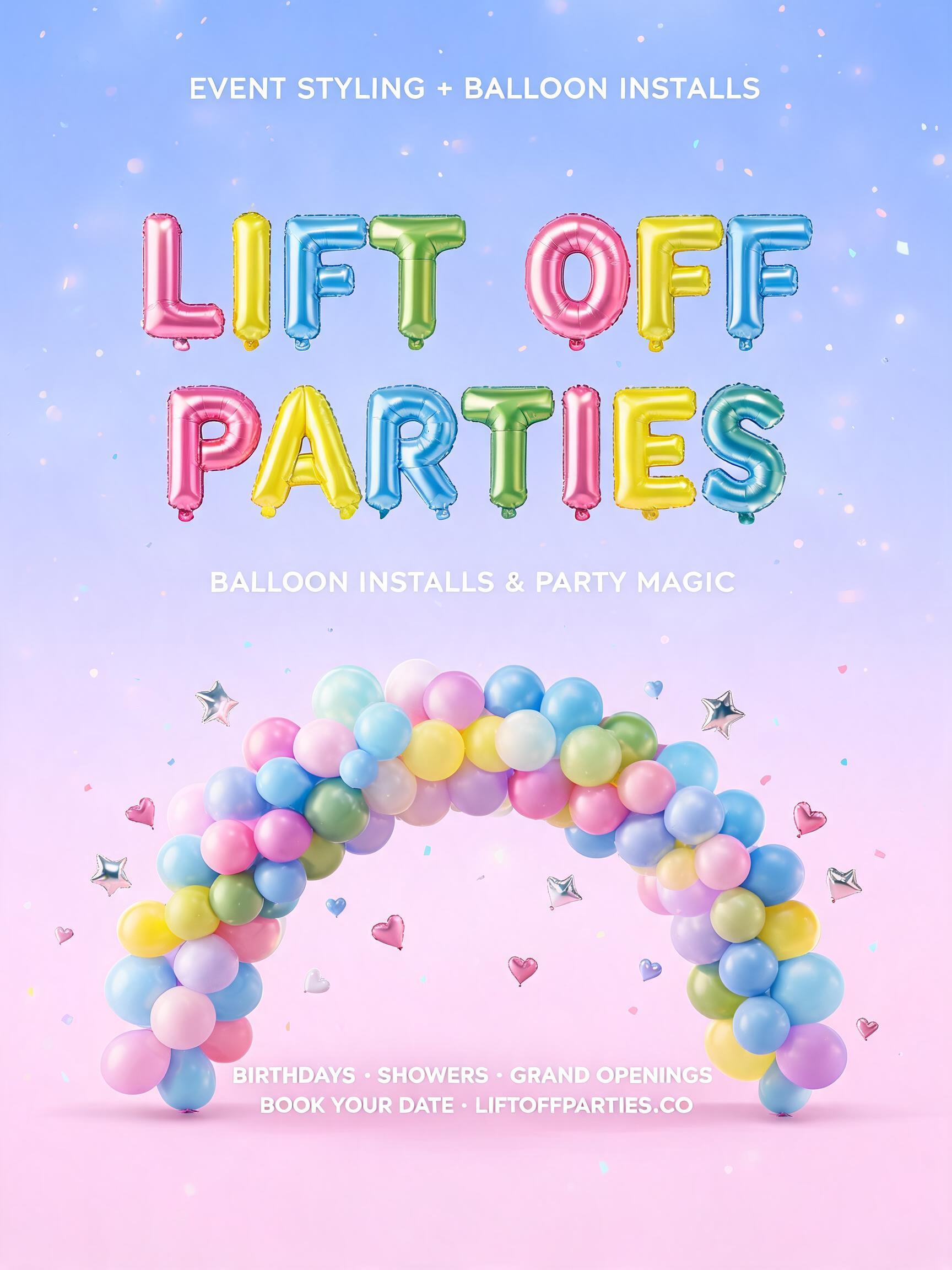 "LIFT OFF
PARTIES
BALLOON INSTALLS & PARTY MAGIC
EVENT STYLING + BALLOON INSTALLS
BIRTHDAYS · SHOWERS · GRAND OPENINGS
BOOK YOUR DATE · LIFTOFFPARTIES.CO" — Y2k Bubbly | AI Text Effect Generator