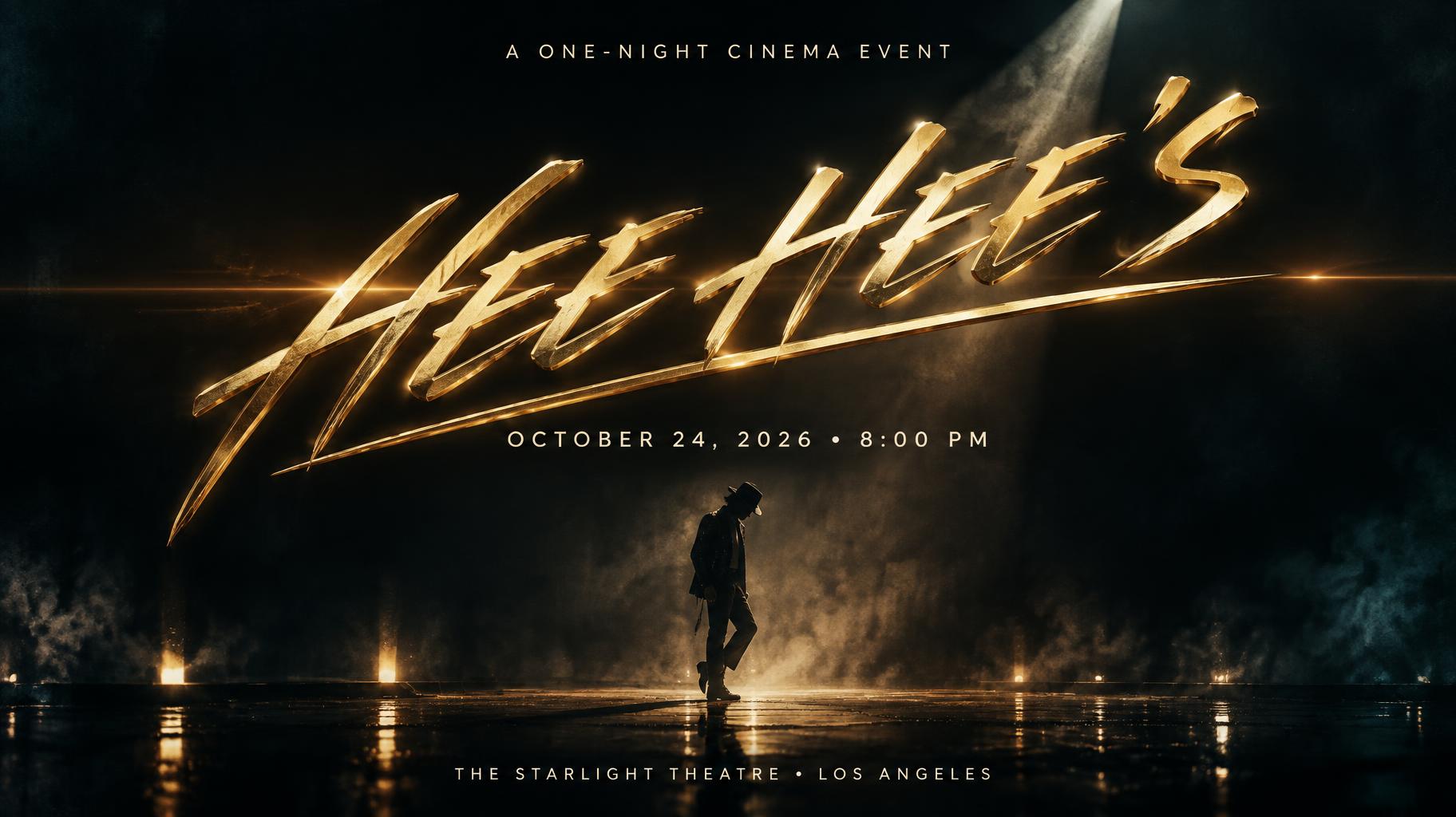 "HEE HEE’S
A ONE-NIGHT CINEMA EVENT
OCTOBER 24, 2026 • 8:00 PM
THE STARLIGHT THEATRE • LOS ANGELES" — Cinematic | AI Text Effect Generator