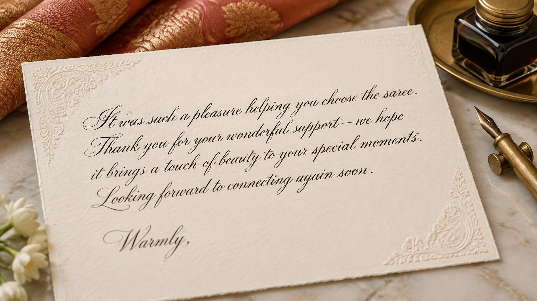 "It was such a pleasure helping you choose the saree. Thank you for your wonderful support—we hope it brings a touch of beauty to your special moments. Looking forward to connecting again soon.
Warmly," — Cursive Calligraphy text effect