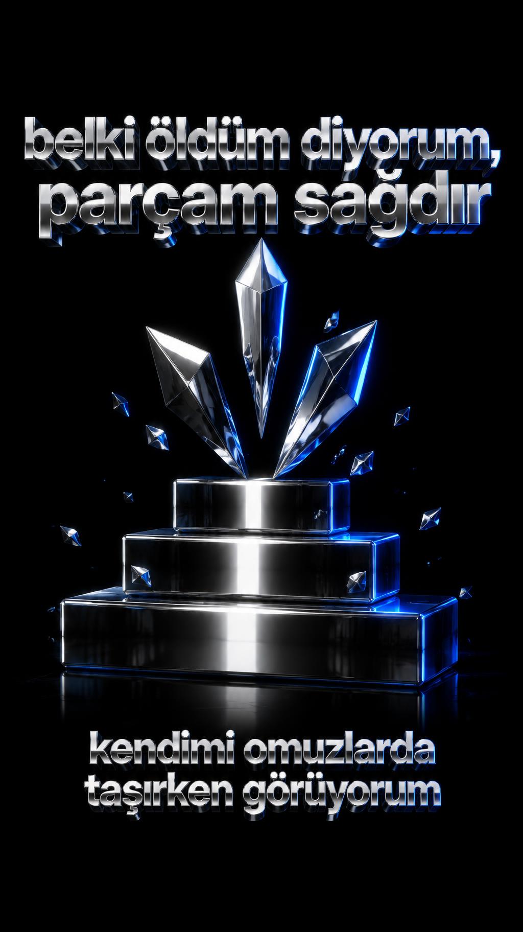 "belki öldüm diyorum,
parçam sağdır
kendimi omuzlarda taşırken görüyorum" — Chrome Metal 3d | AI Text Effect Generator