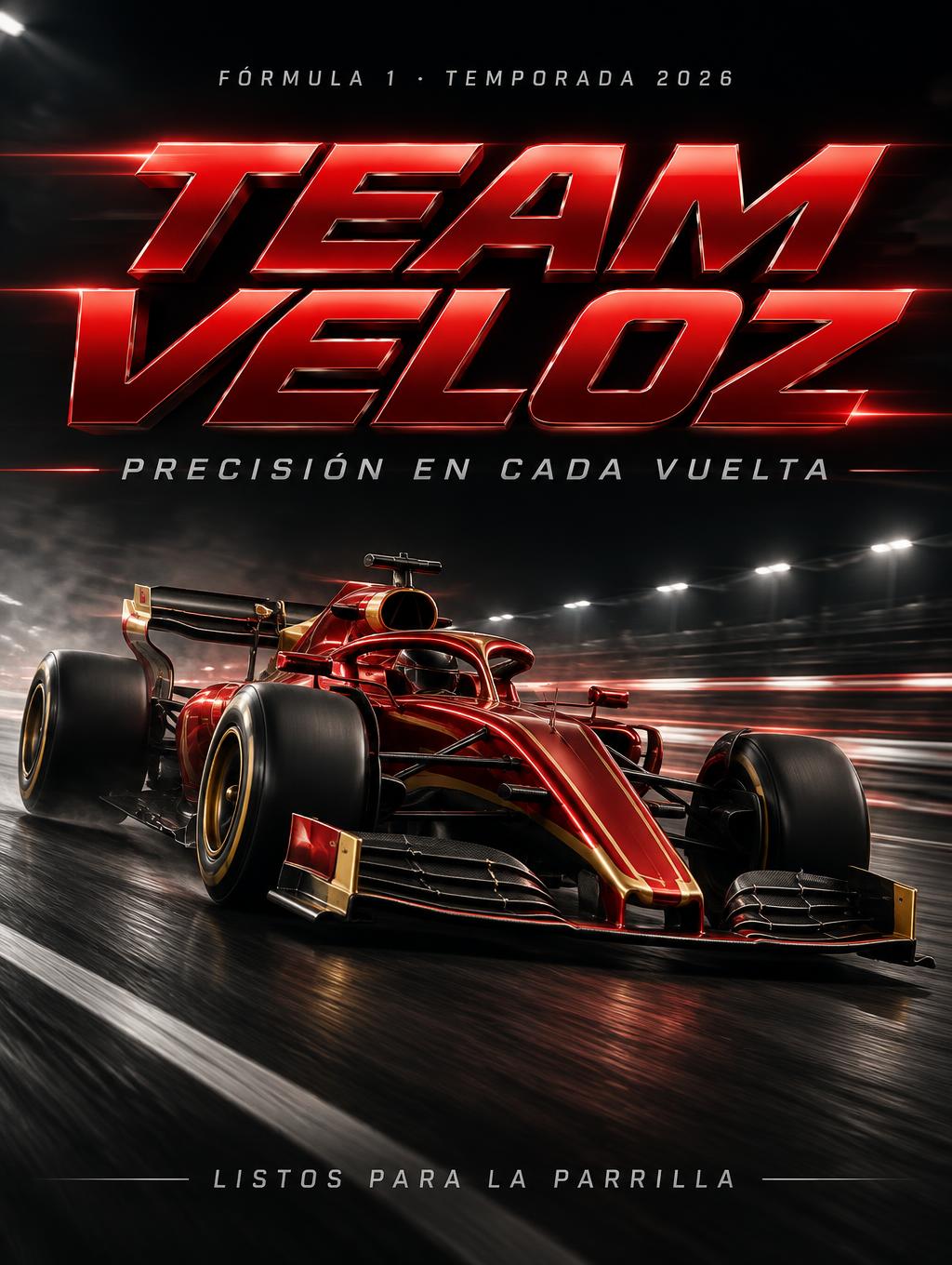 "TEAM VELOZ
FÓRMULA 1 · TEMPORADA 2026
PRECISIÓN EN CADA VUELTA
LISTOS PARA LA PARRILLA" — Racing text effect
