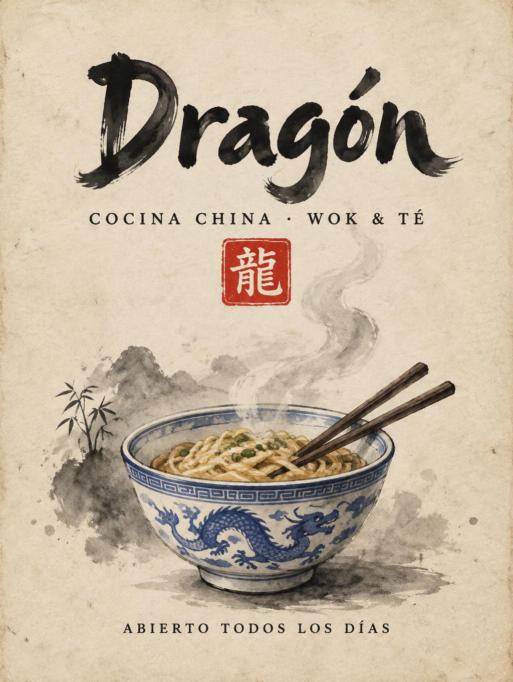 "Dragón
COCINA CHINA · WOK & TÉ
ABIERTO TODOS LOS DÍAS
龍" — Brush Chinese Ink | AI Text Effect Generator