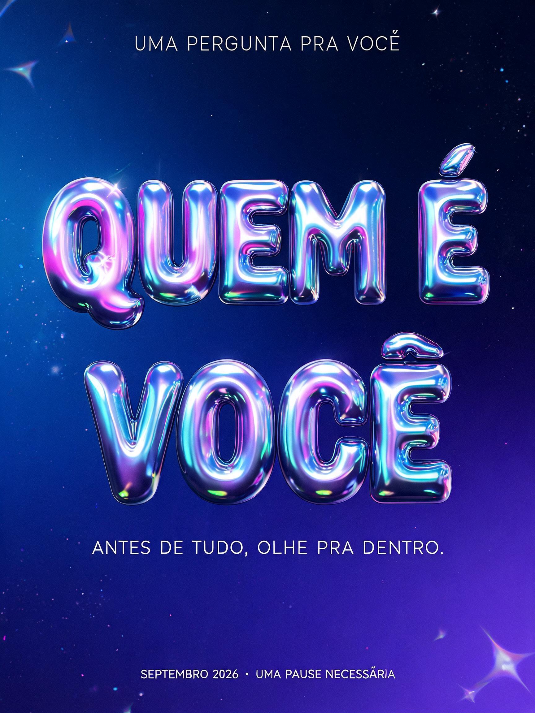 "QUEM É
VOCÊ
UMA PERGUNTA PRA VOCÊ
ANTES DE TUDO, OLHE PRA DENTRO.
SEPTEMBRO 2026 · UMA PAUSA NECESSÁRIA" — Y2k | AI Text Effect Generator