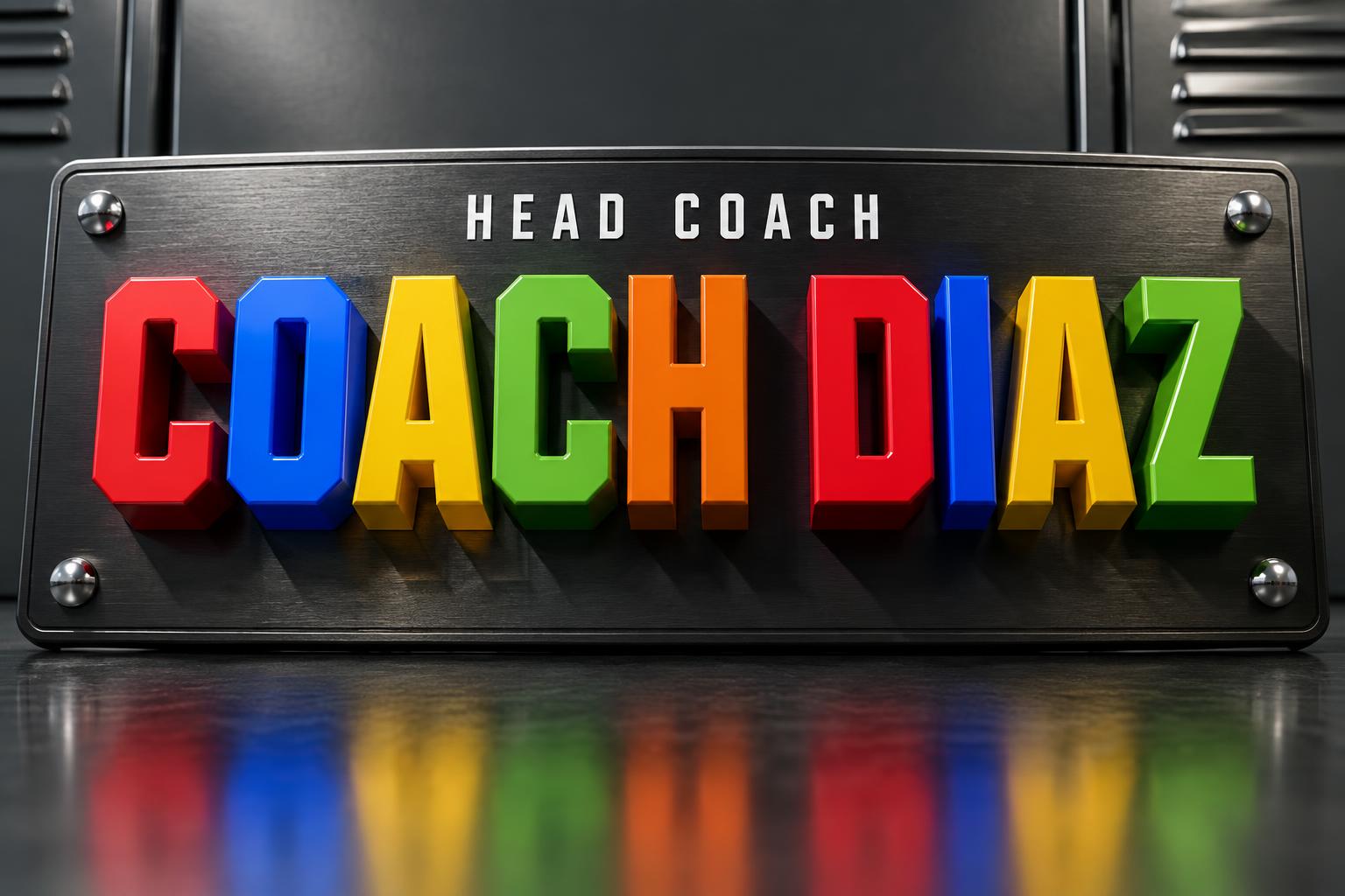 "COACH DIAZ
HEAD COACH" — 3d bold text effect