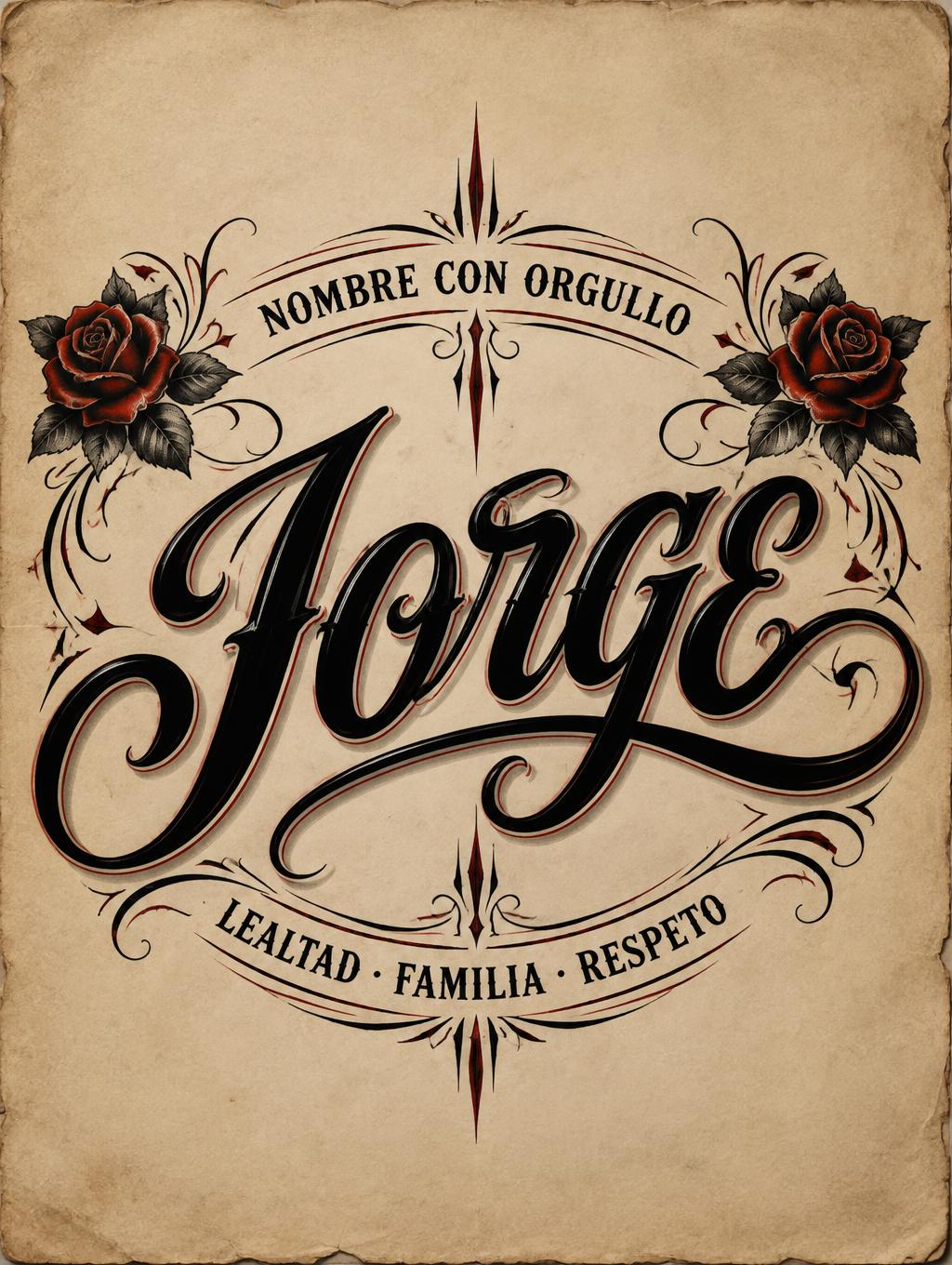 "JORGE
NOMBRE CON ORGULLO
LEALTAD · FAMILIA · RESPETO" — Chicano | AI Text Effect Generator