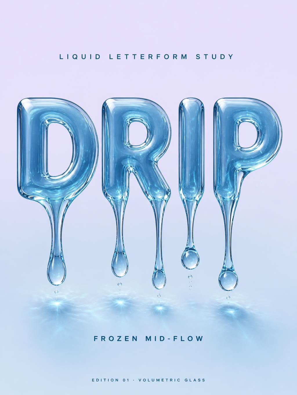 "DRIP
LIQUID LETTERFORM STUDY
FROZEN MID-FLOW
EDITION 01 · VOLUMETRIC GLASS" — Glass Liquid | AI Text Effect Generator