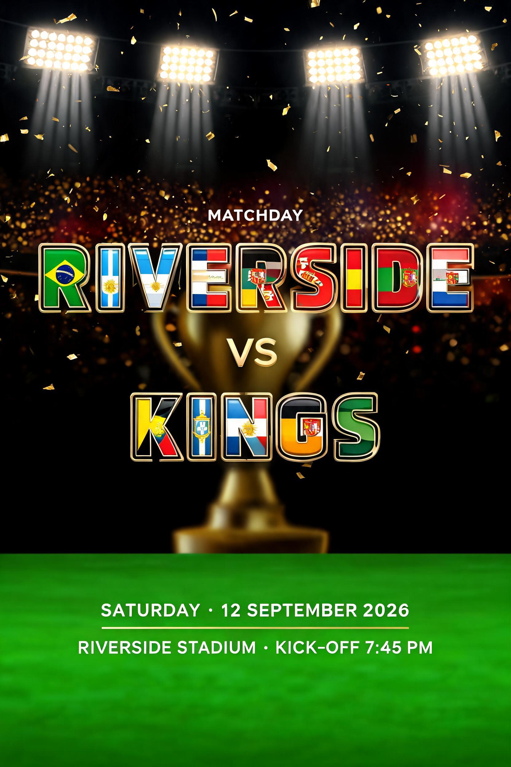 RIVERSIDE
VS
KINGS
MATCHDAY
SATURDAY · 12 SEPTEMBER 2026
RIVERSIDE STADIUM · KICK-OFF 7:45 PM