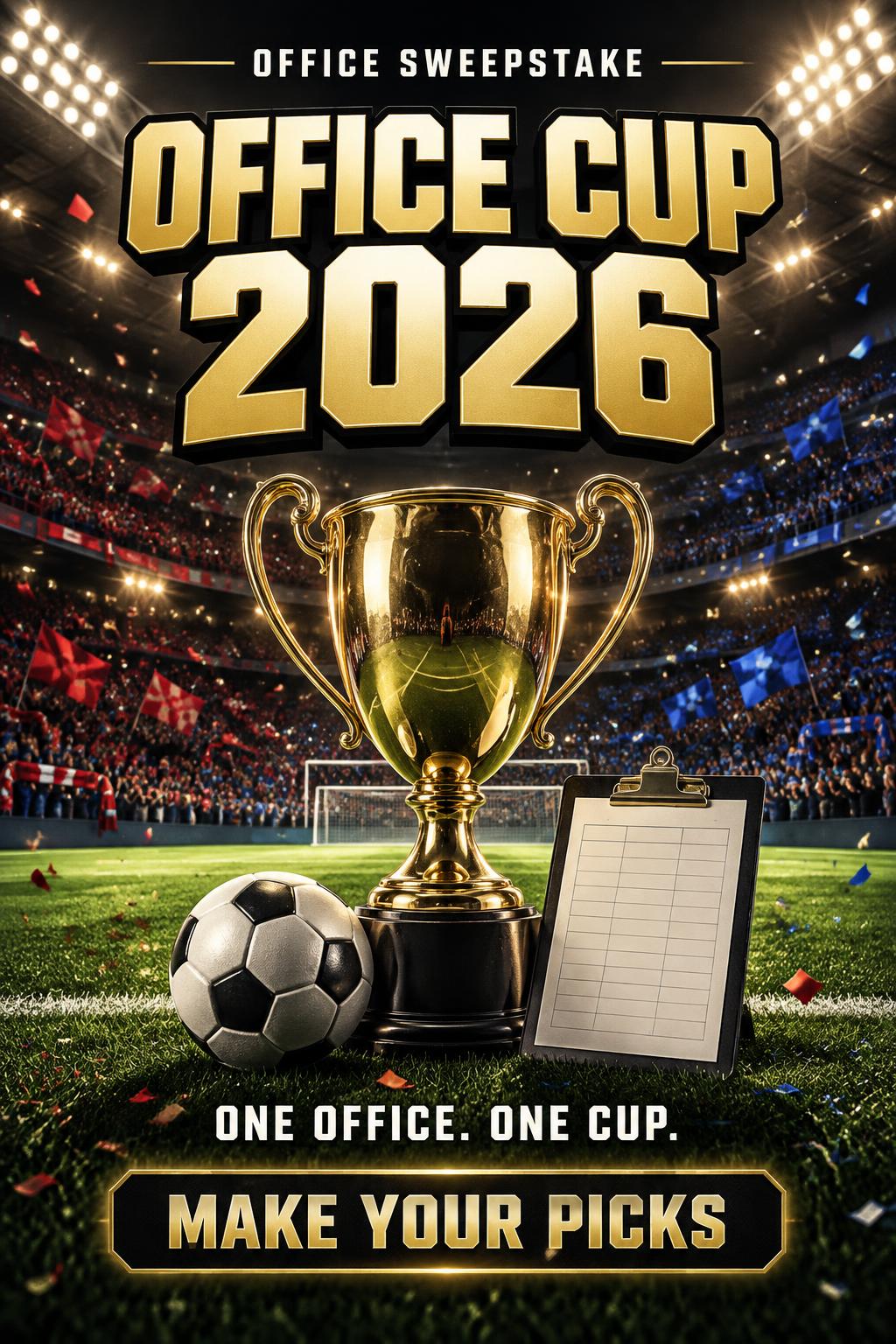 "OFFICE CUP
2026
OFFICE SWEEPSTAKE
ONE OFFICE. ONE CUP.
MAKE YOUR PICKS" — Sports Football | AI Text Effect Generator