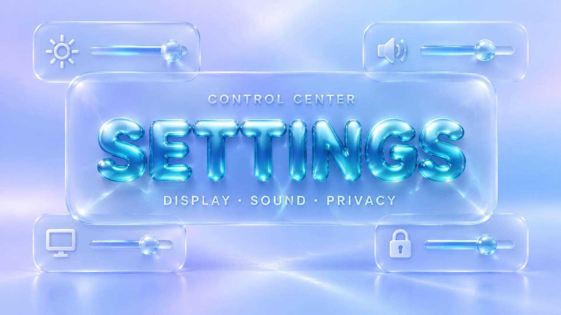 "SETTINGS
CONTROL CENTER
DISPLAY · SOUND · PRIVACY" — Glass Liquid | AI Text Effect Generator