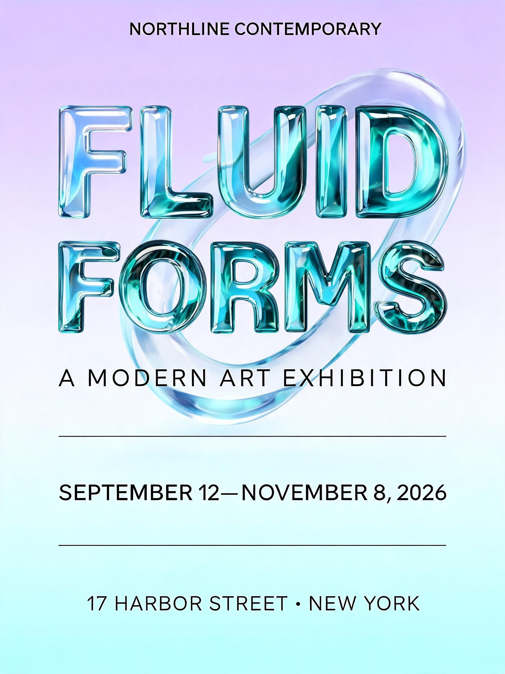 "NORTHLINE CONTEMPORARY
FLUID
FORMS
A MODERN ART EXHIBITION
SEPTEMBER 12–NOVEMBER 8, 2026
17 HARBOR STREET · NEW YORK" — Glass Liquid text effect
