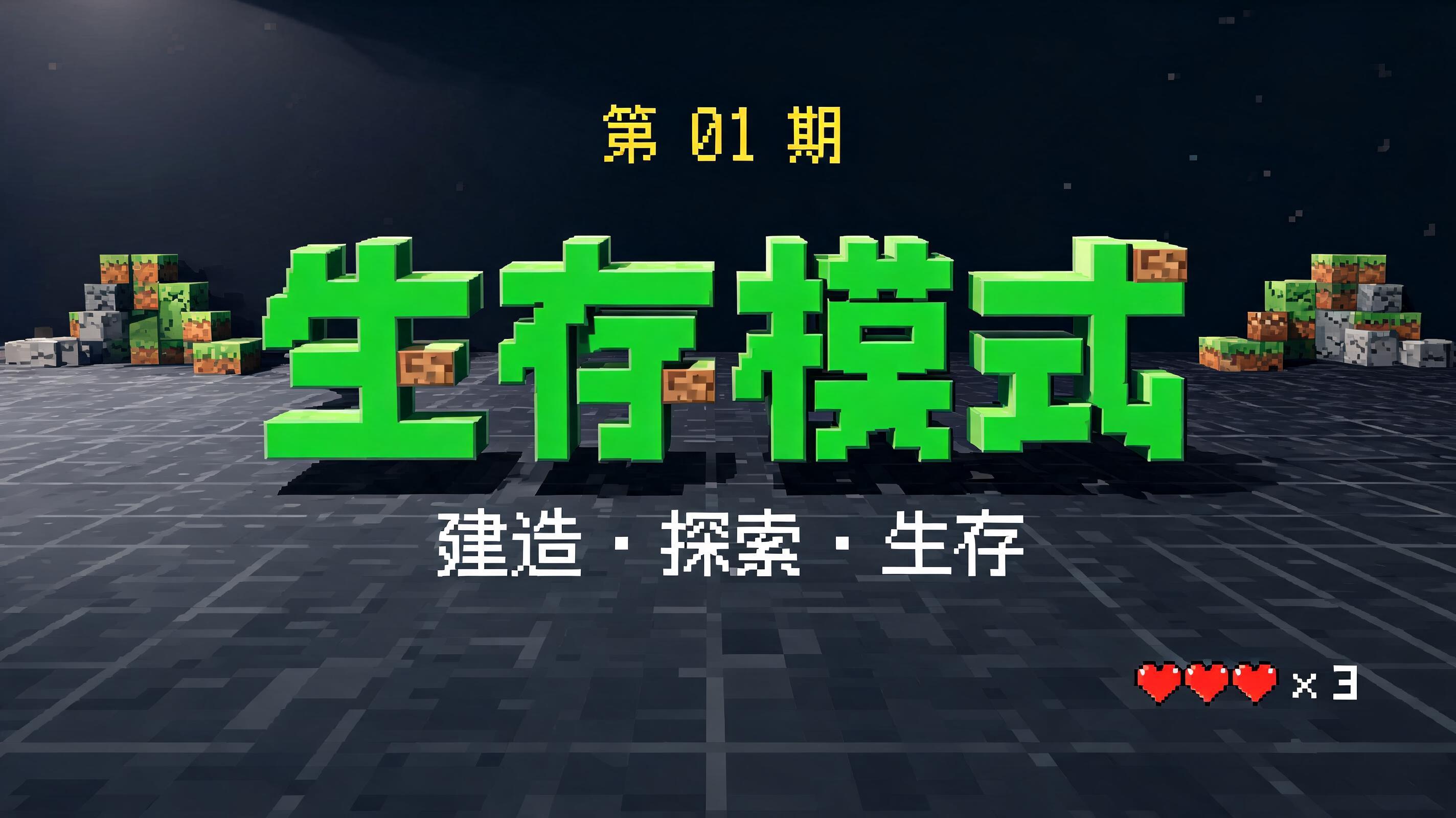 "生存模式
第 01 期
建造 · 探索 · 生存
× 3" — Pixel Art text effect