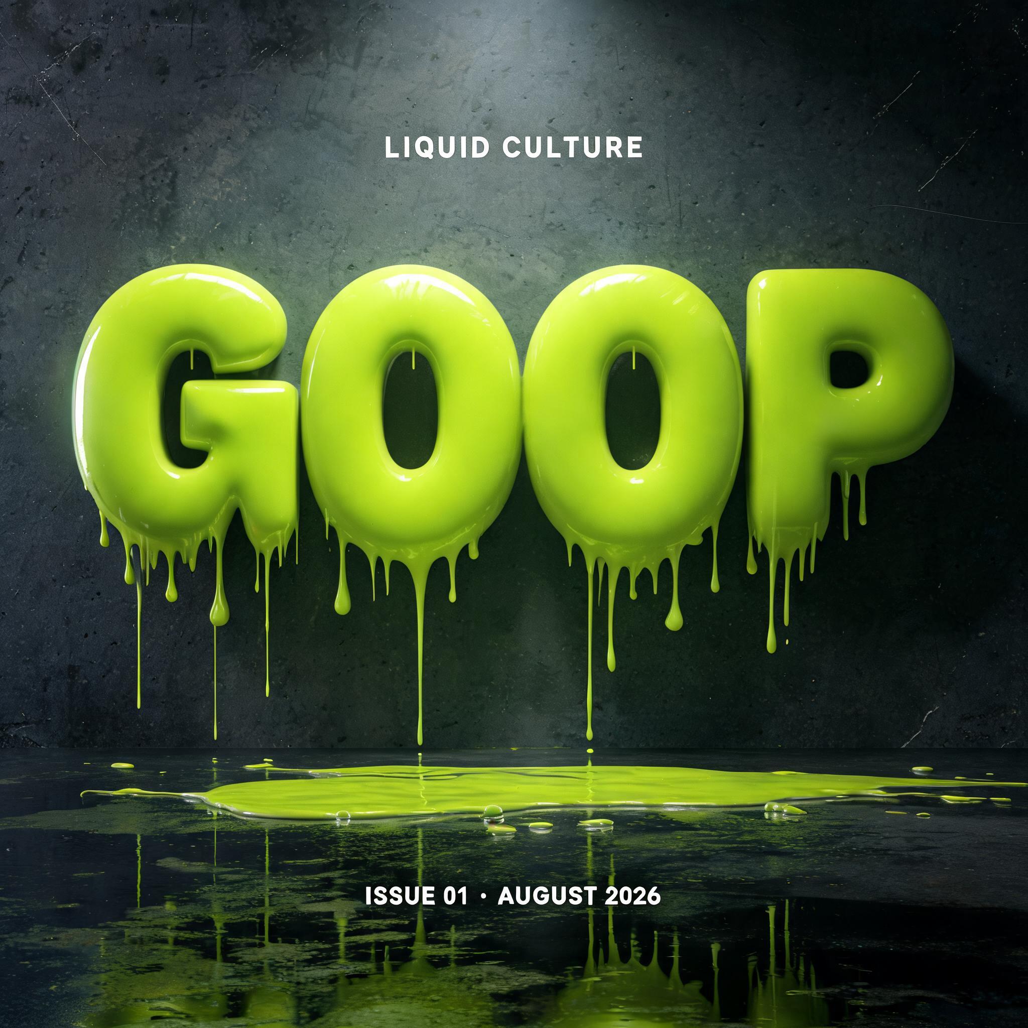 "GOOP
LIQUID CULTURE
ISSUE 01 · AUGUST 2026" — Drip Font | AI Text Effect Generator