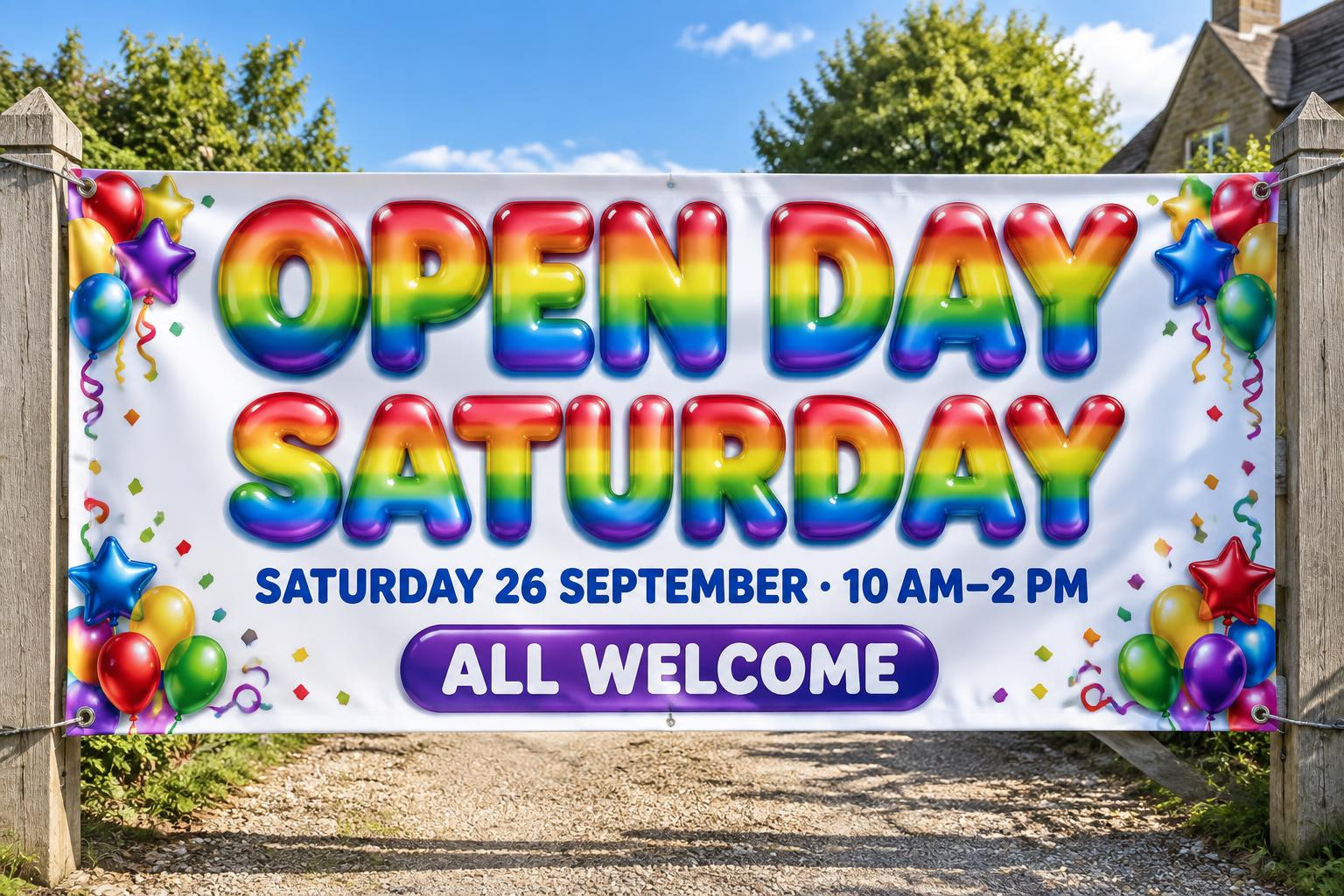 "OPEN DAY
SATURDAY
SATURDAY 26 SEPTEMBER · 10 AM–2 PM
ALL WELCOME" — Rainbow | AI Text Effect Generator